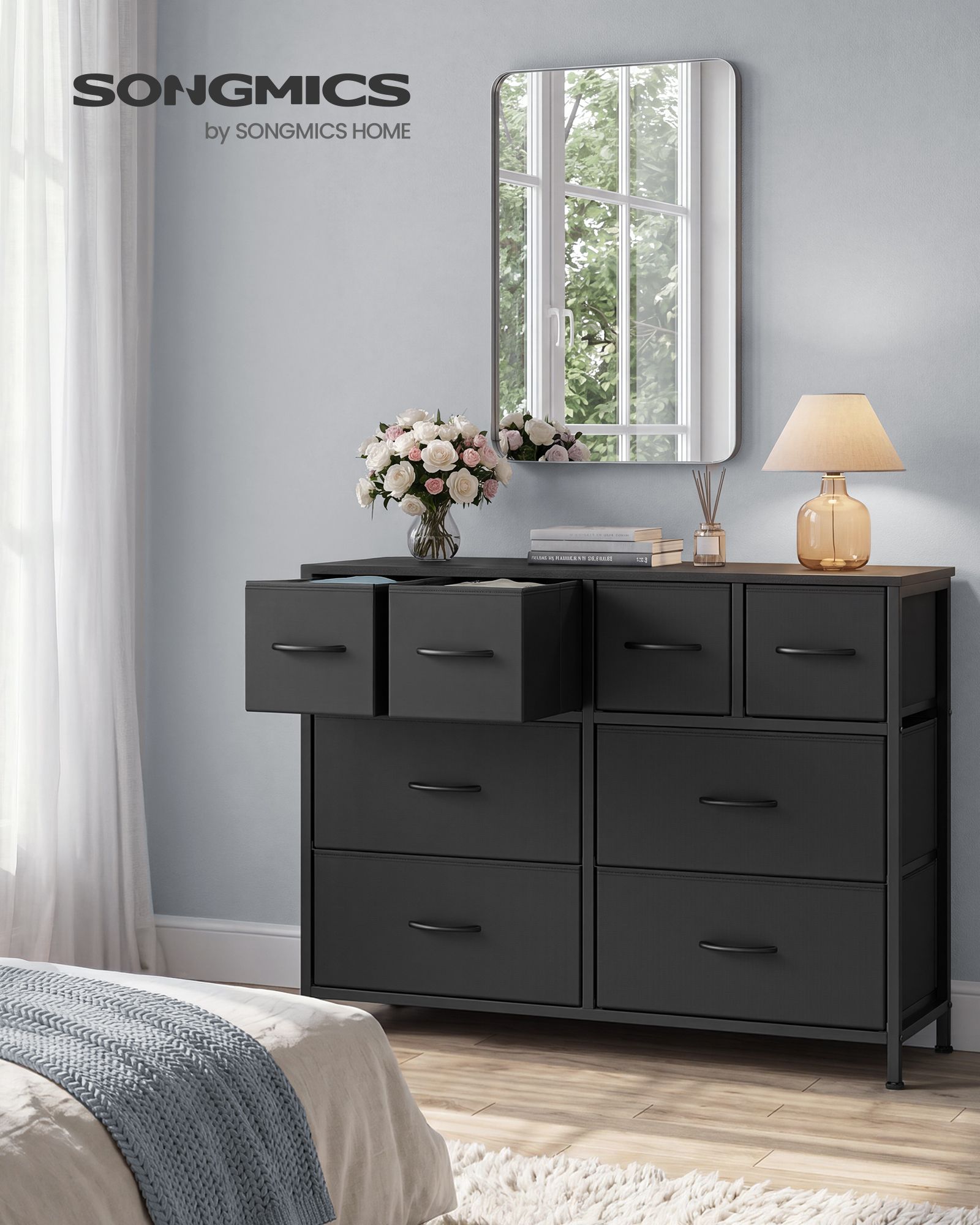 Chest of drawers with 8 fabric-lined drawers and metal frame, ink black