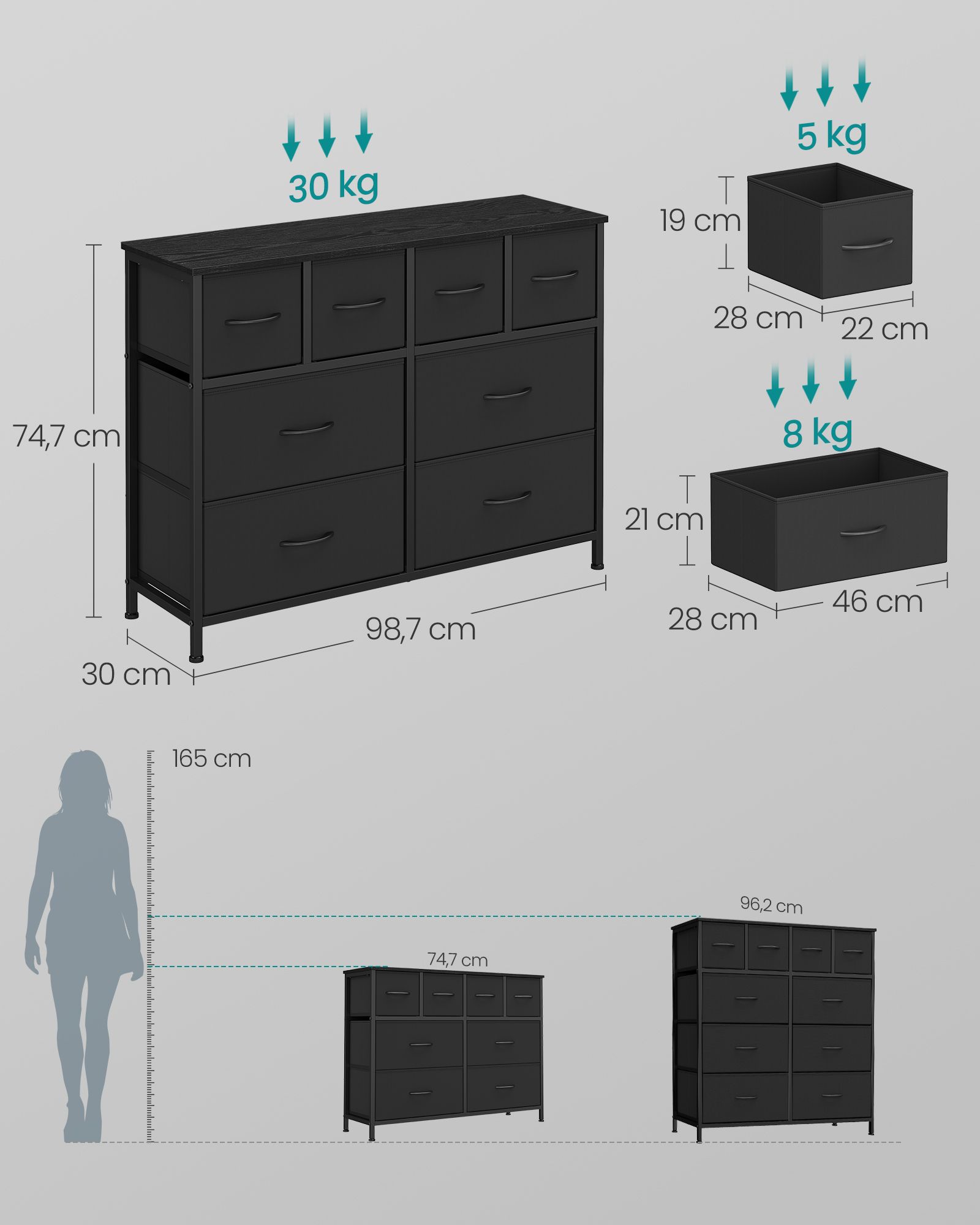 Chest of drawers with 8 fabric-lined drawers and metal frame, ink black
