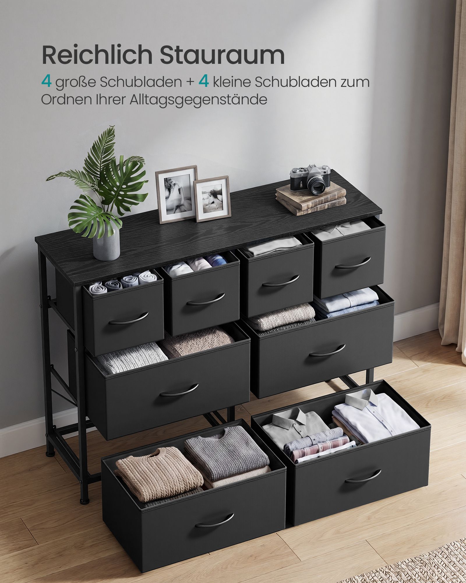 Chest of drawers with 8 fabric-lined drawers and metal frame, ink black