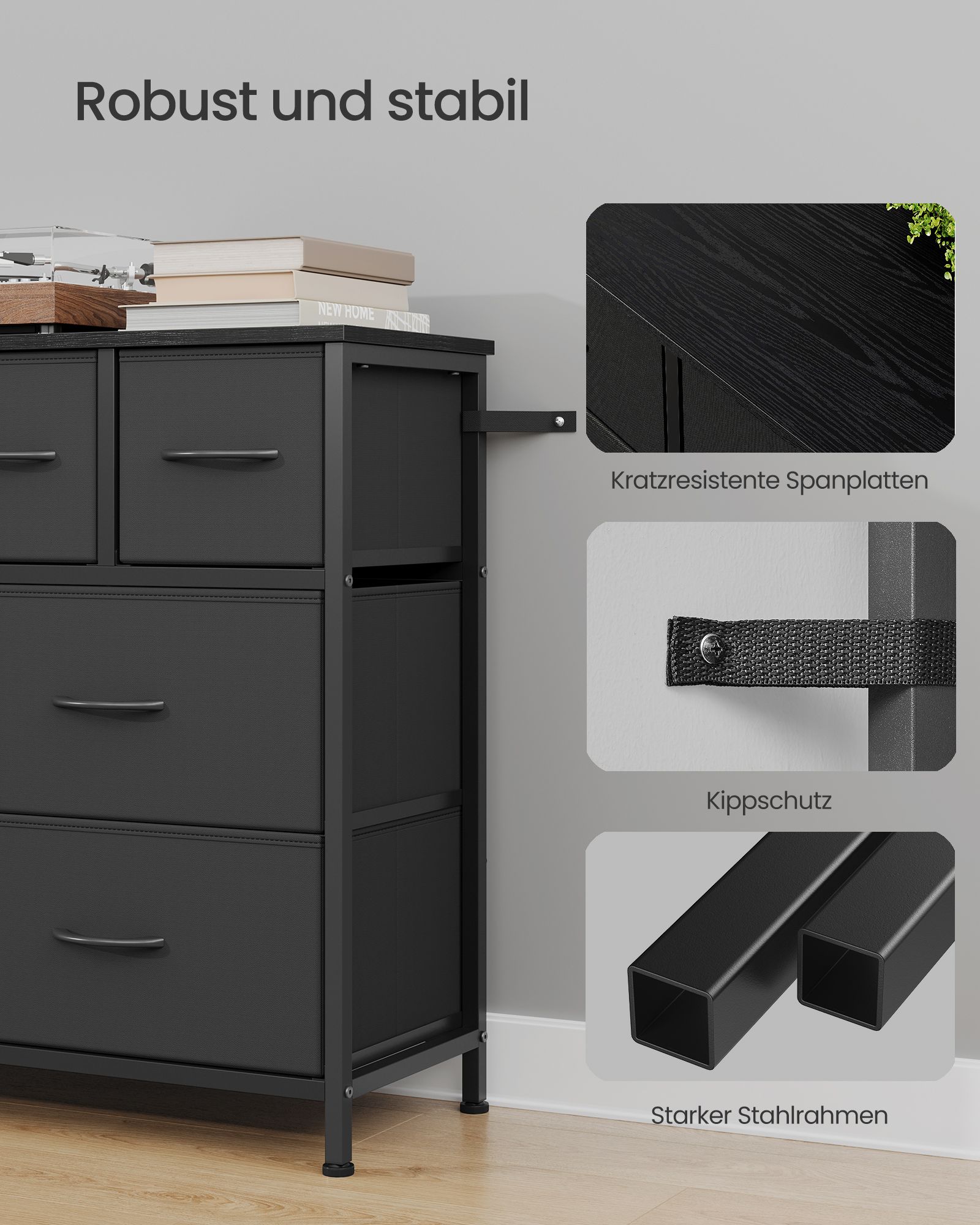 Chest of drawers with 8 fabric-lined drawers and metal frame, ink black