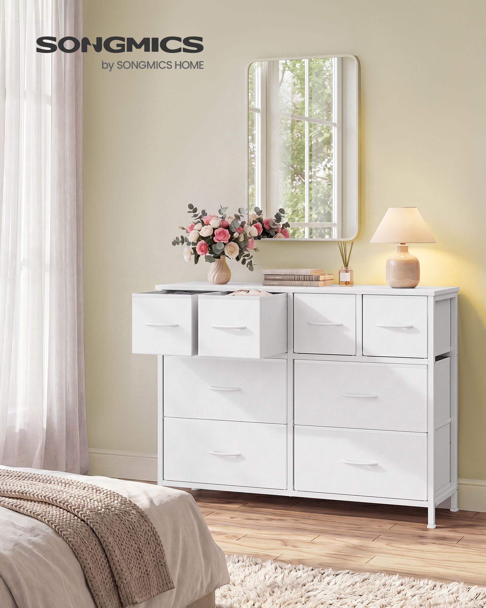 Fabric chest of drawers with 8 drawers, 98.7 x 30 x 74.7 cm, Cloud White