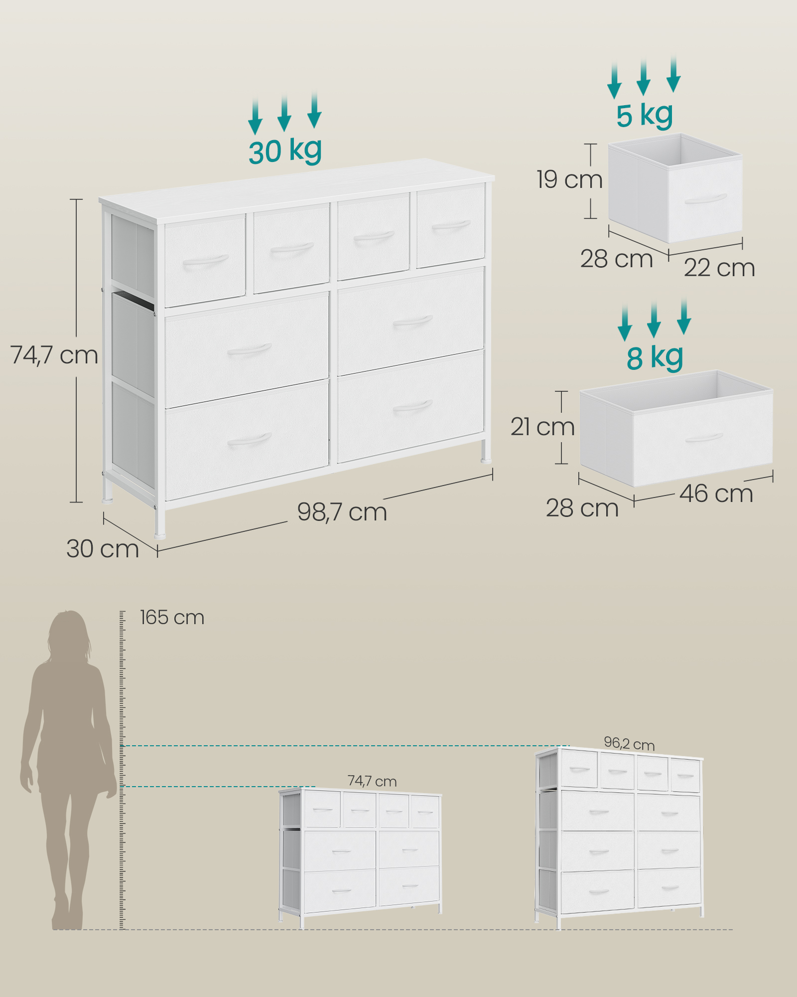 Fabric chest of drawers with 8 drawers, 98.7 x 30 x 74.7 cm, Cloud White