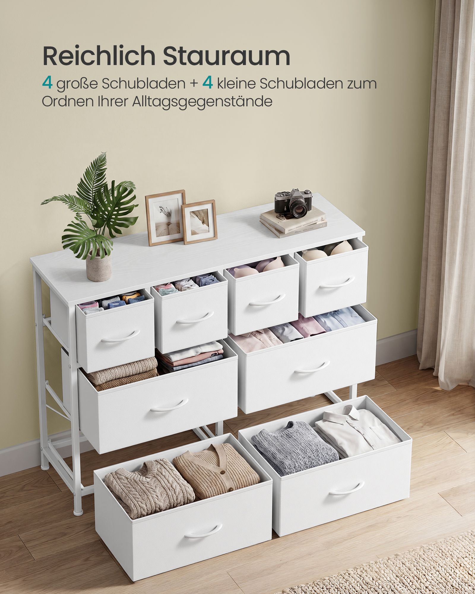 Fabric chest of drawers with 8 drawers, 98.7 x 30 x 74.7 cm, Cloud White