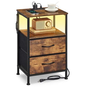 Vintage brown and black bedside table with LED socket, 39.6 x 30 x 60.4 cm