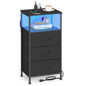 Bedside table, ink black, with LED socket, 39.6 x 30 x 75.9 cm, 3 drawers