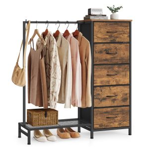 Chest of drawers with 5 fabric-lined drawers and clothes rail in brown