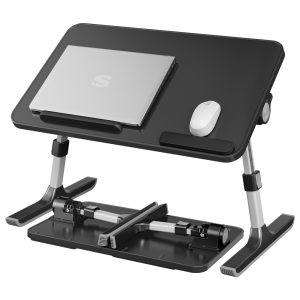 Black laptop table, 52 x 30 x 23 cm, with drawer and aluminium frame
