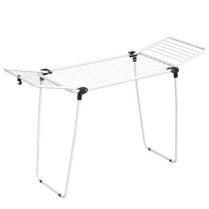 Space-saving steel folding clothes horse in matt white