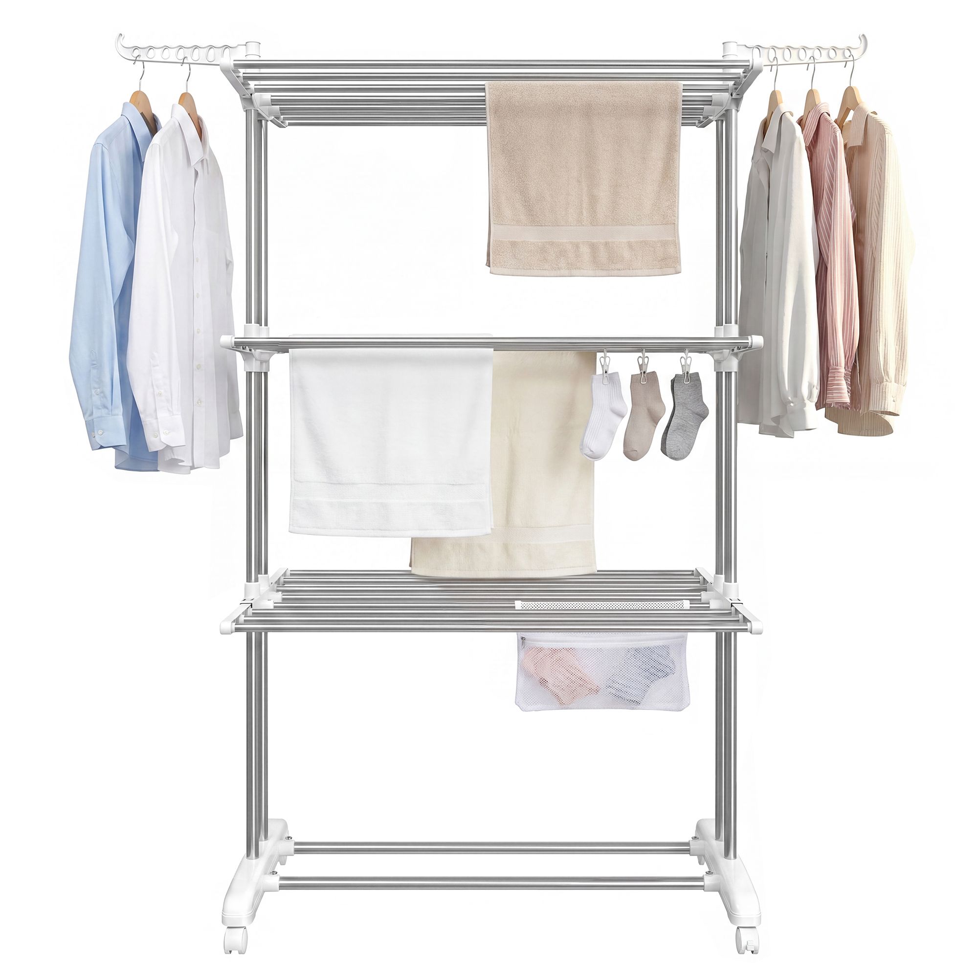 Clothes horse with castors, 4 levels, fold-out wings, freestanding dryer, easy to assemble