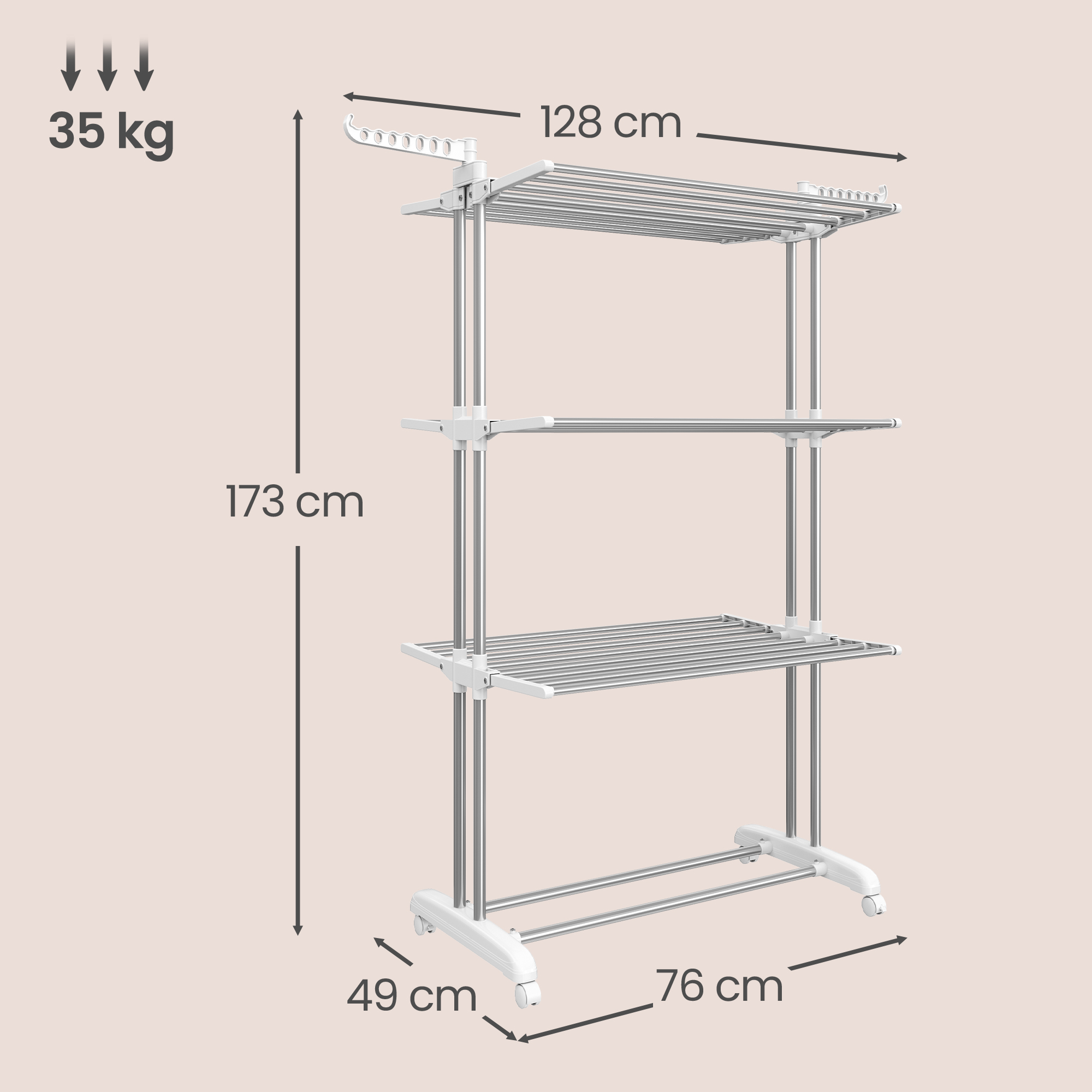 Clothes horse with castors, 4 levels, fold-out wings, freestanding dryer, easy to assemble
