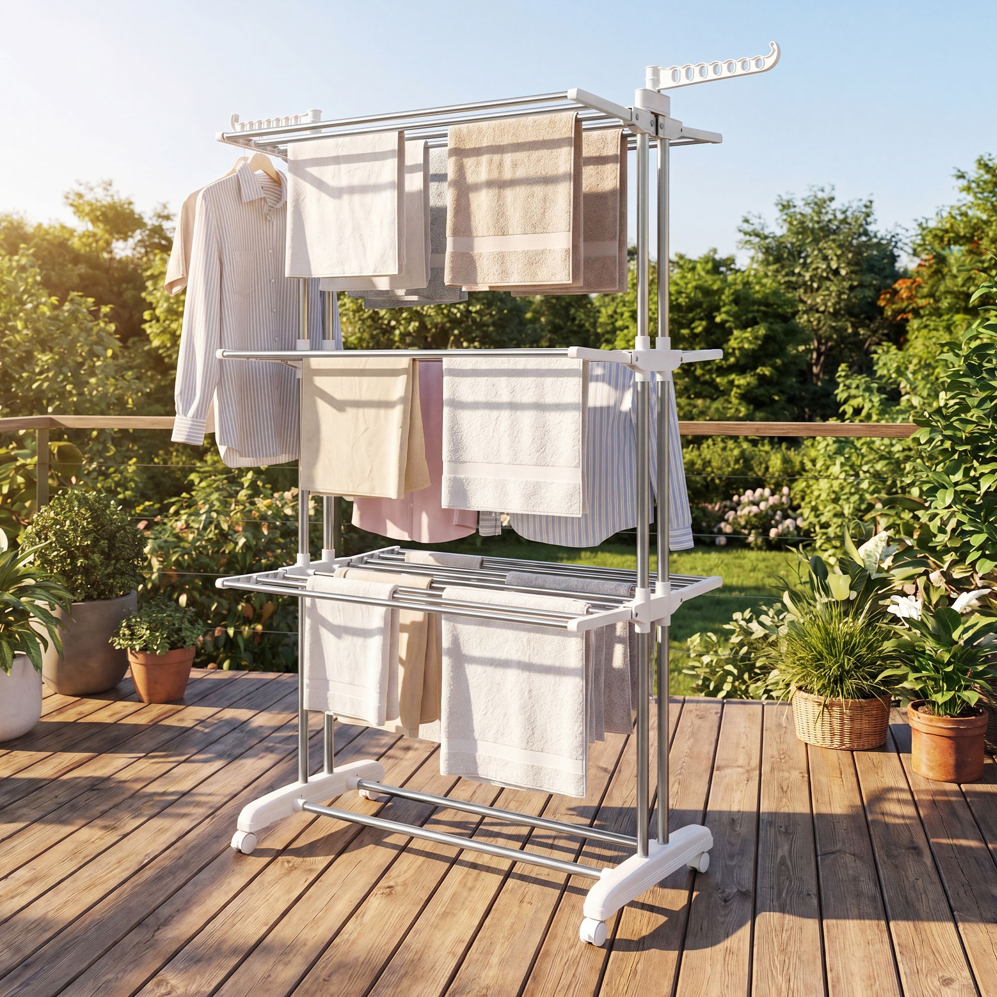 Clothes horse with castors, 4 levels, fold-out wings, freestanding dryer, easy to assemble