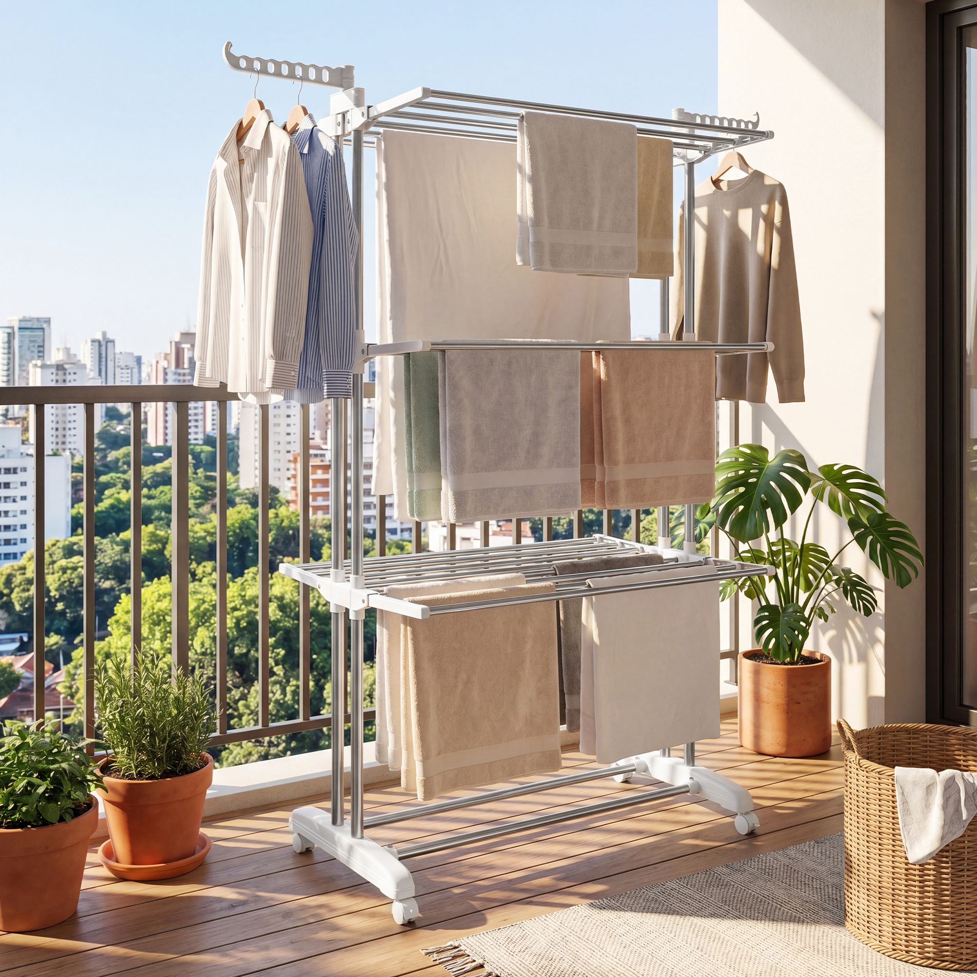 Clothes horse with castors, 4 levels, fold-out wings, freestanding dryer, easy to assemble