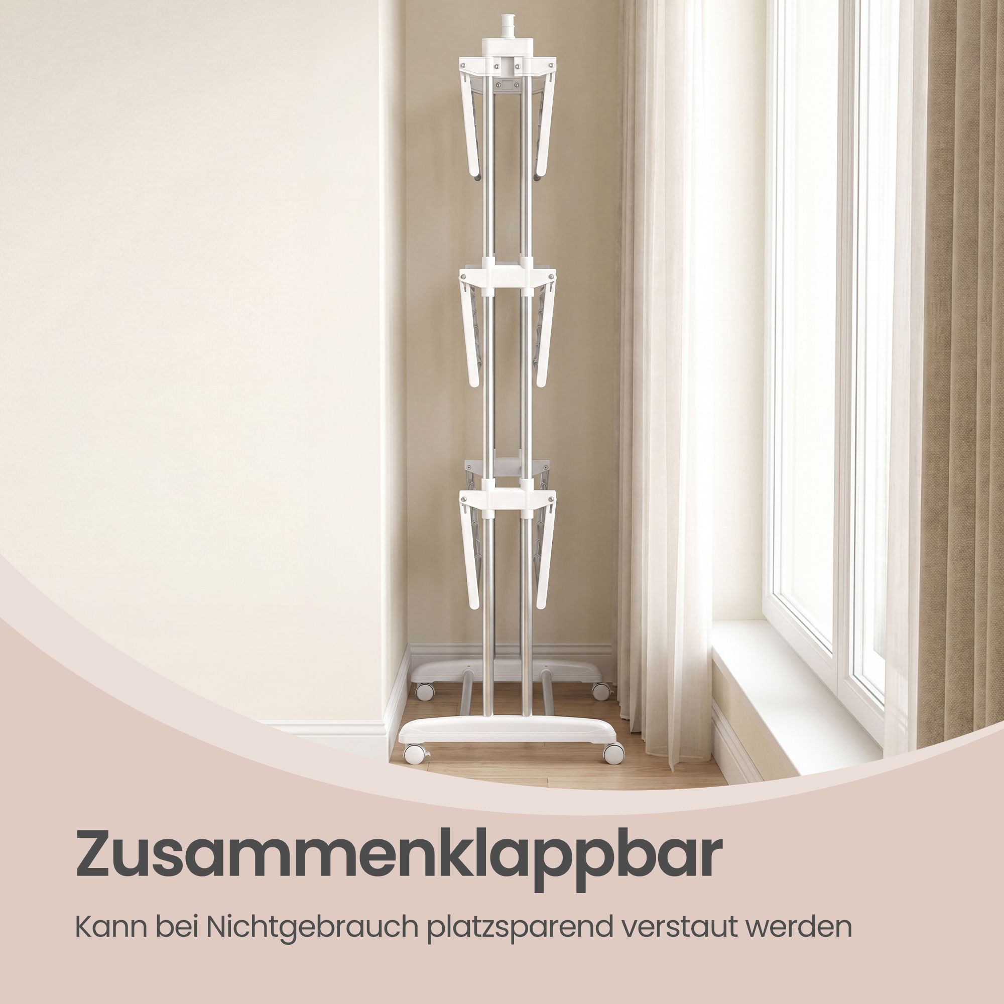Clothes horse with castors, 4 levels, fold-out wings, freestanding dryer, easy to assemble