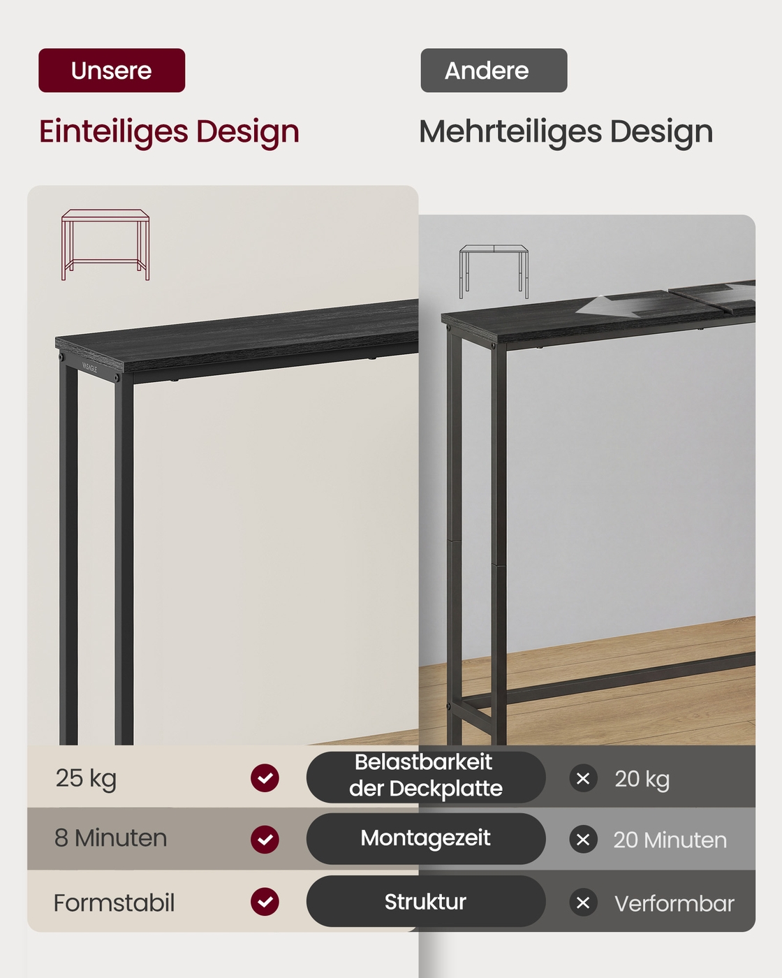 Console table, hallway table, single-piece tabletop, easy to assemble, narrow coffee table
