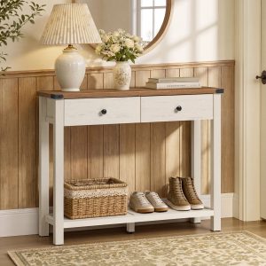 Narrow console table with drawers made of wood in white and brown
