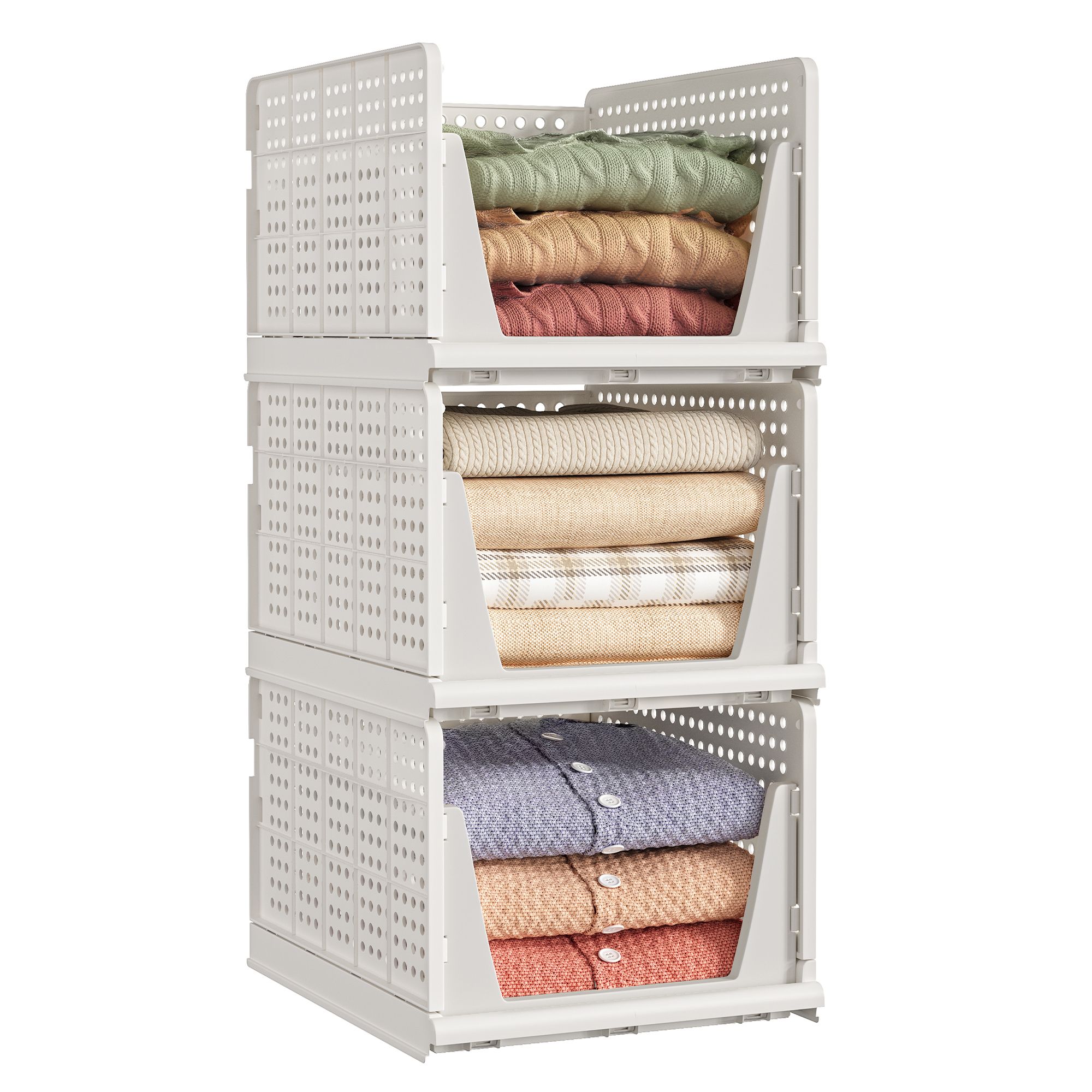 Set of 3 plastic cupboard organisers with pull-out basket, white