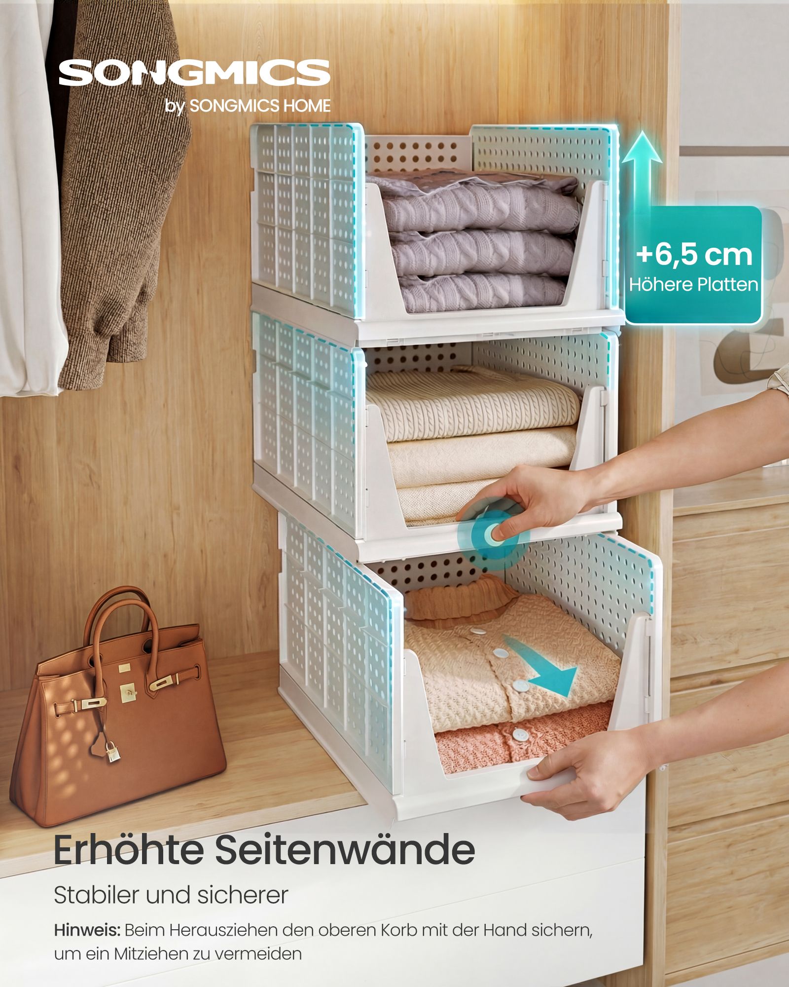 Set of 3 plastic cupboard organisers with pull-out basket, white