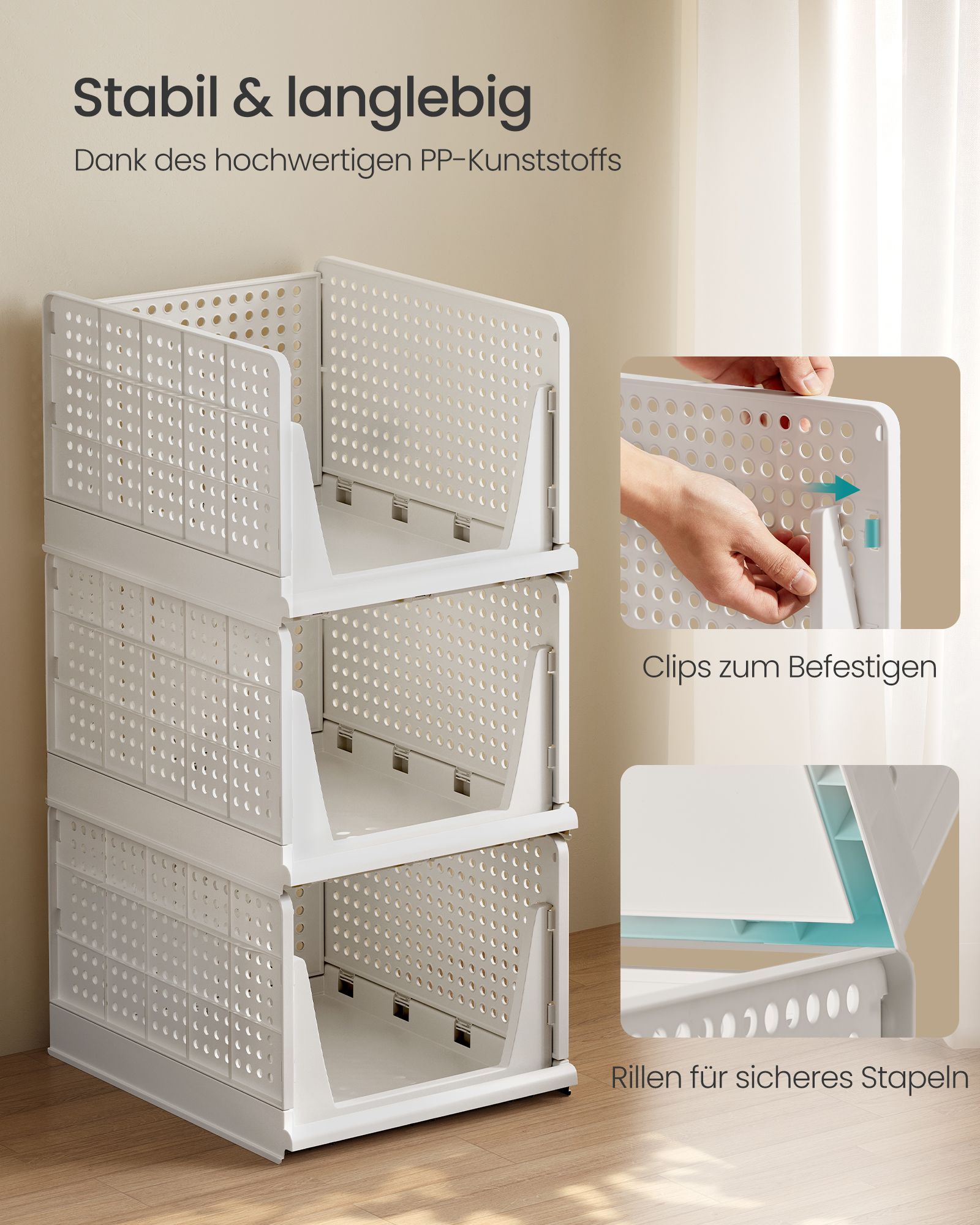Set of 3 plastic cupboard organisers with pull-out basket, white