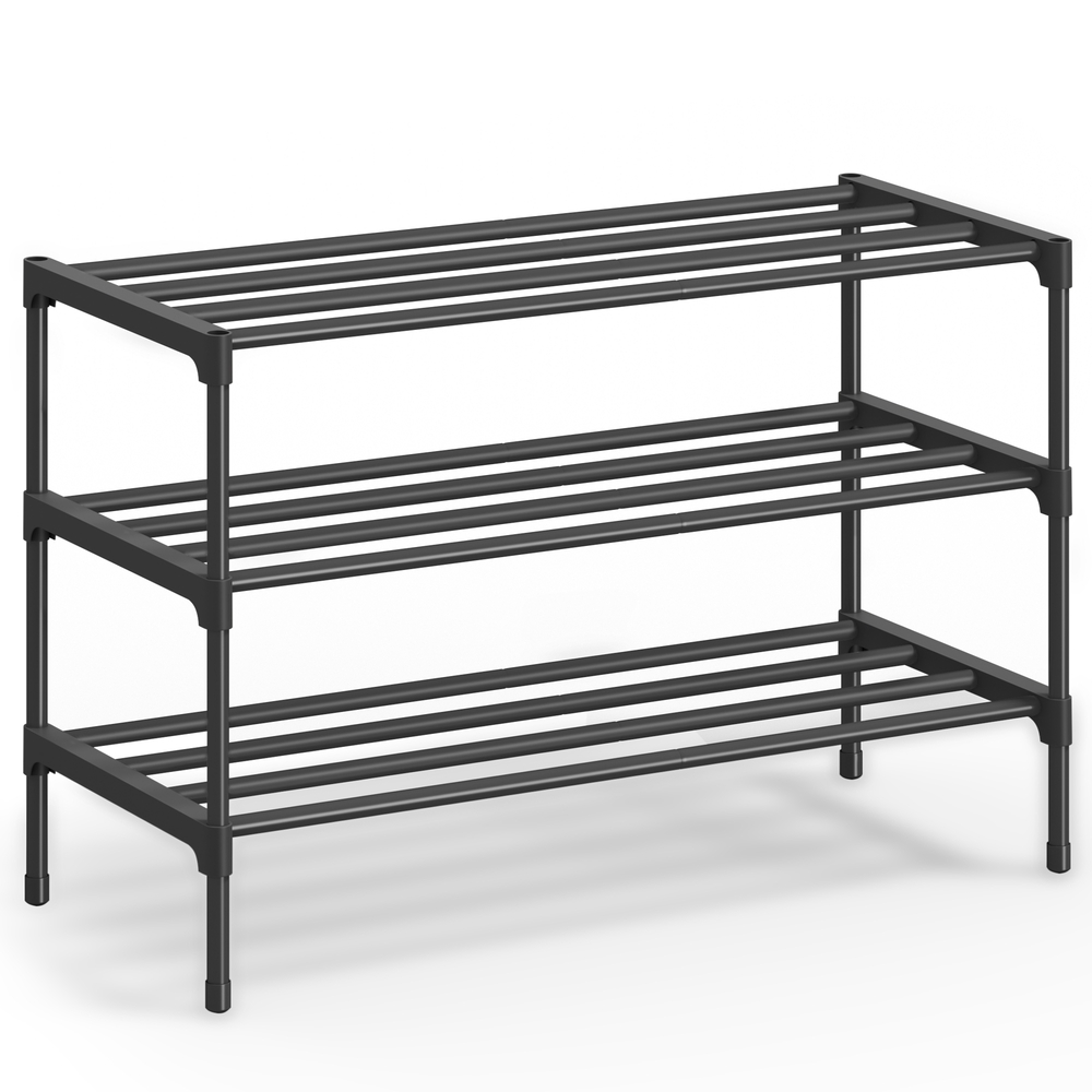 Black metal shoe rack, 3 tiers, 62.3 x 30 x 55 cm, stackable