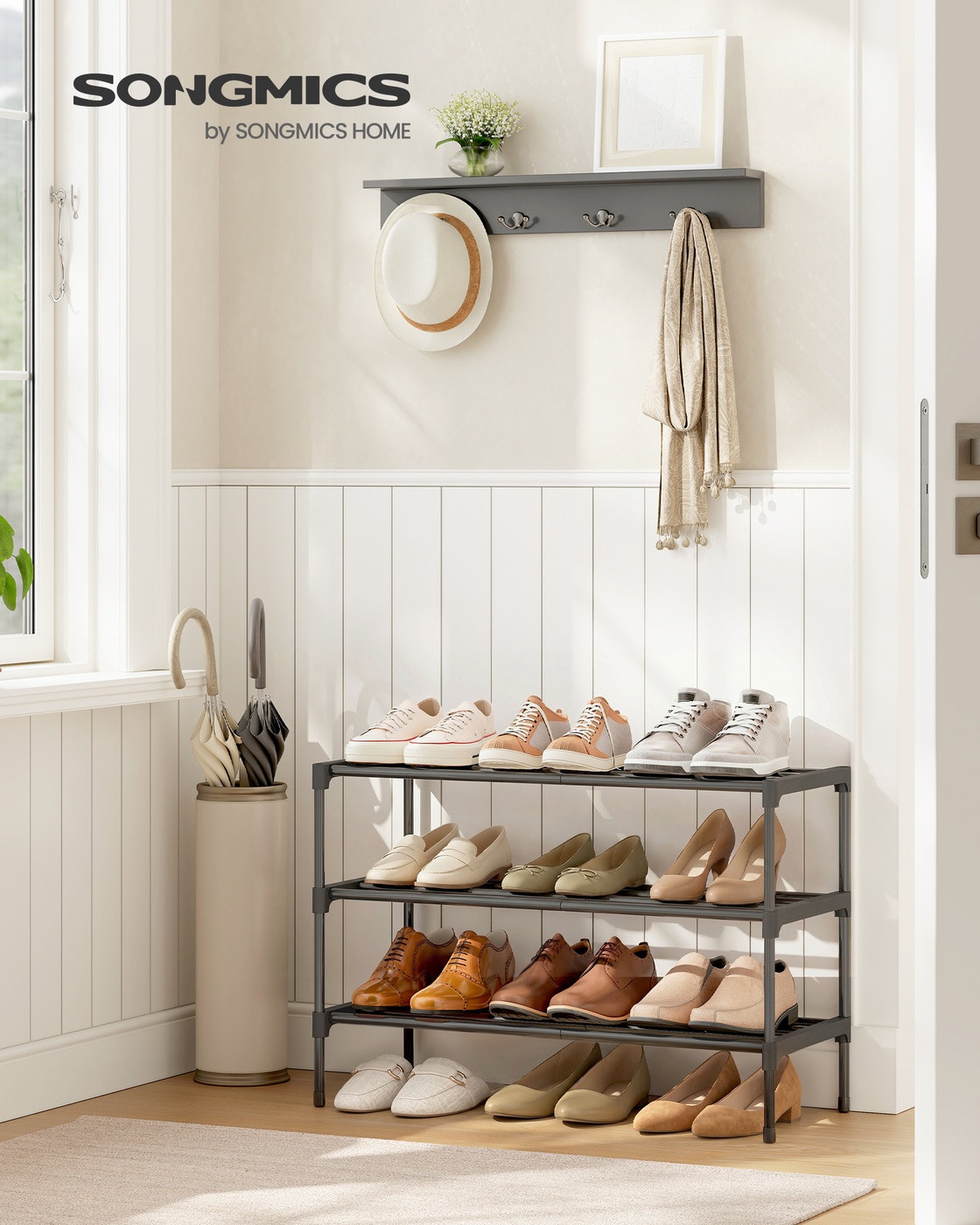 Black metal shoe rack, 3 tiers, 62.3 x 30 x 55 cm, stackable