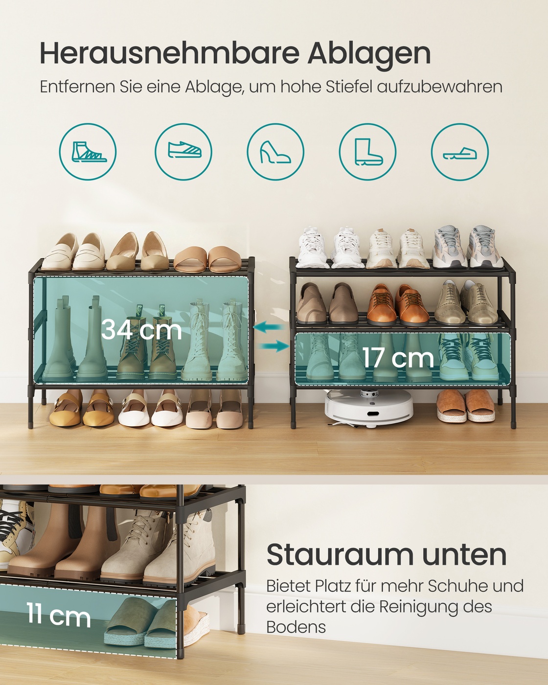 Black metal shoe rack, 3 tiers, 62.3 x 30 x 55 cm, stackable