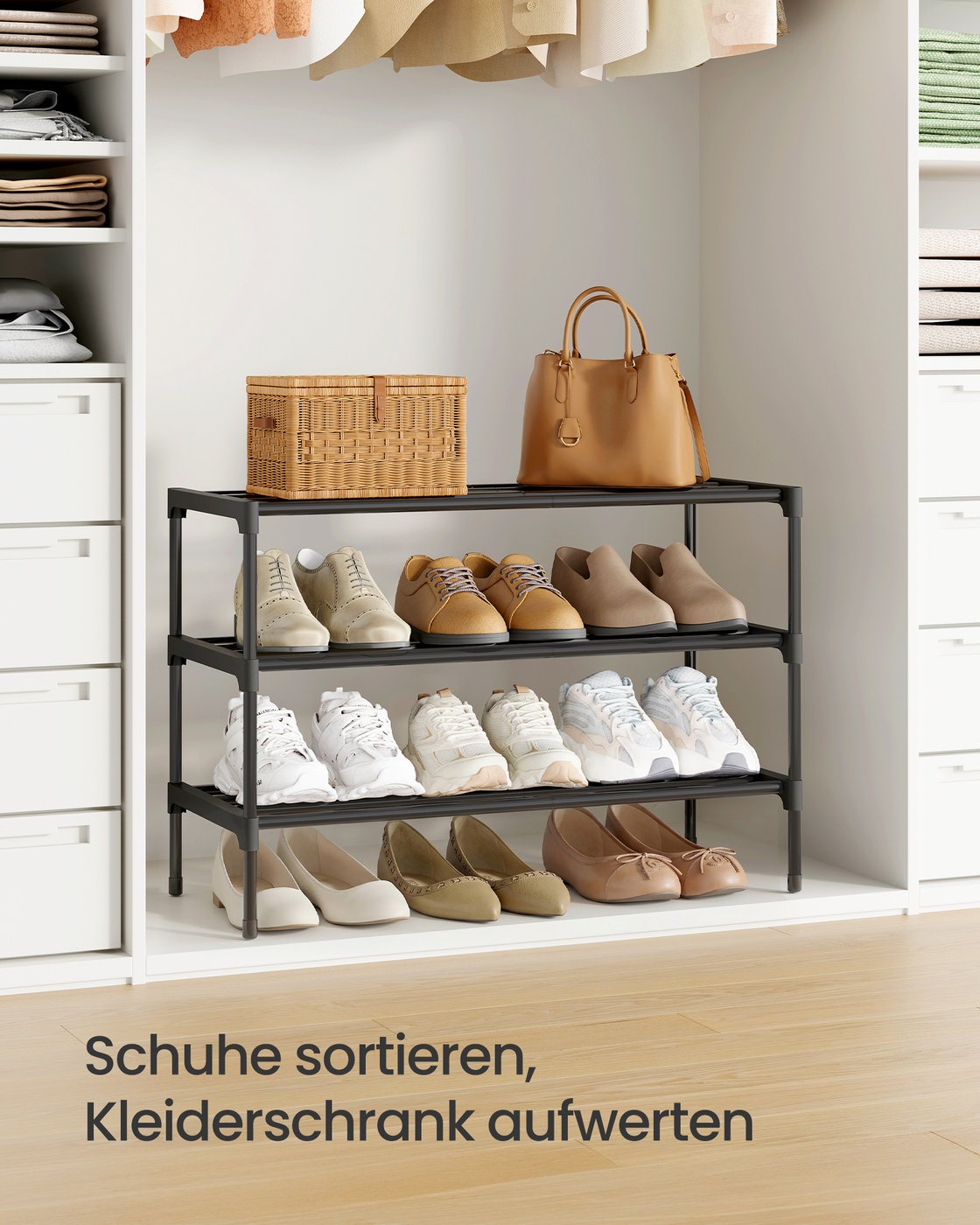 Black metal shoe rack, 3 tiers, 62.3 x 30 x 55 cm, stackable