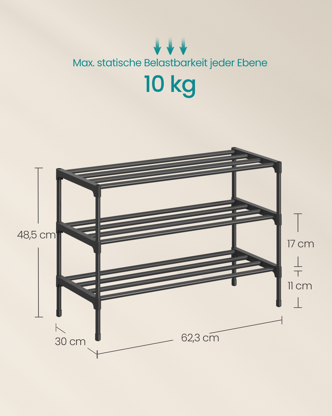 Black metal shoe rack, 3 tiers, 62.3 x 30 x 55 cm, stackable