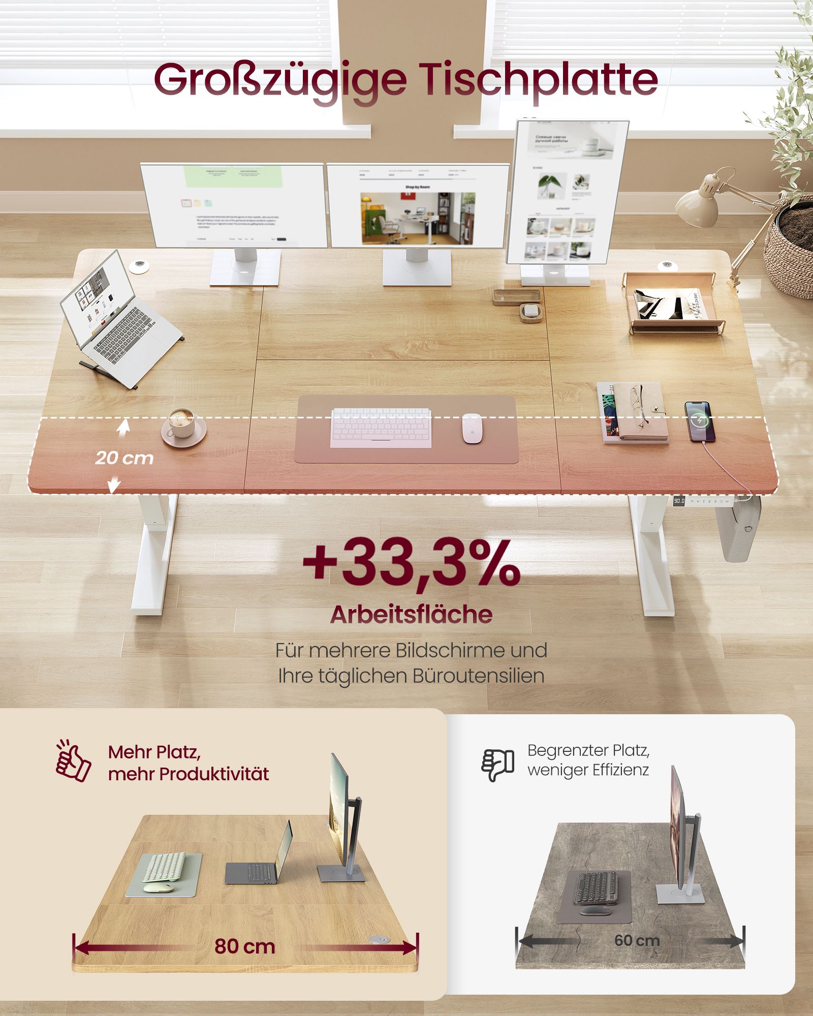 Height-adjustable desk with USB-C port, 180 x 80 cm