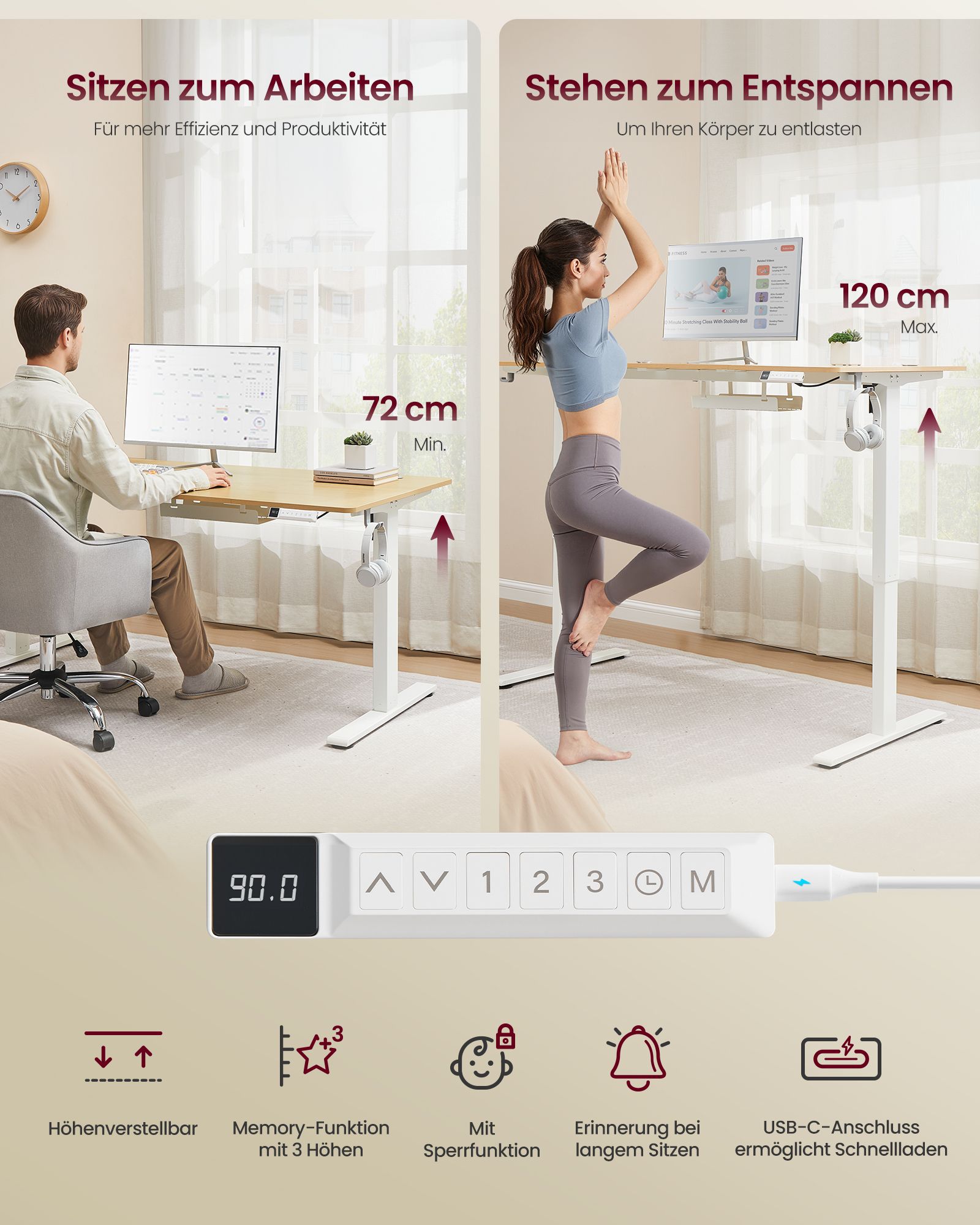 Height-adjustable desk with USB-C port, 180 x 80 cm