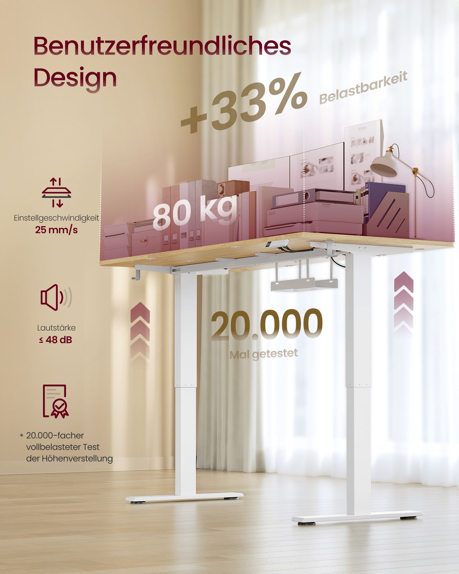 Height-adjustable desk with USB-C port, 180 x 80 cm