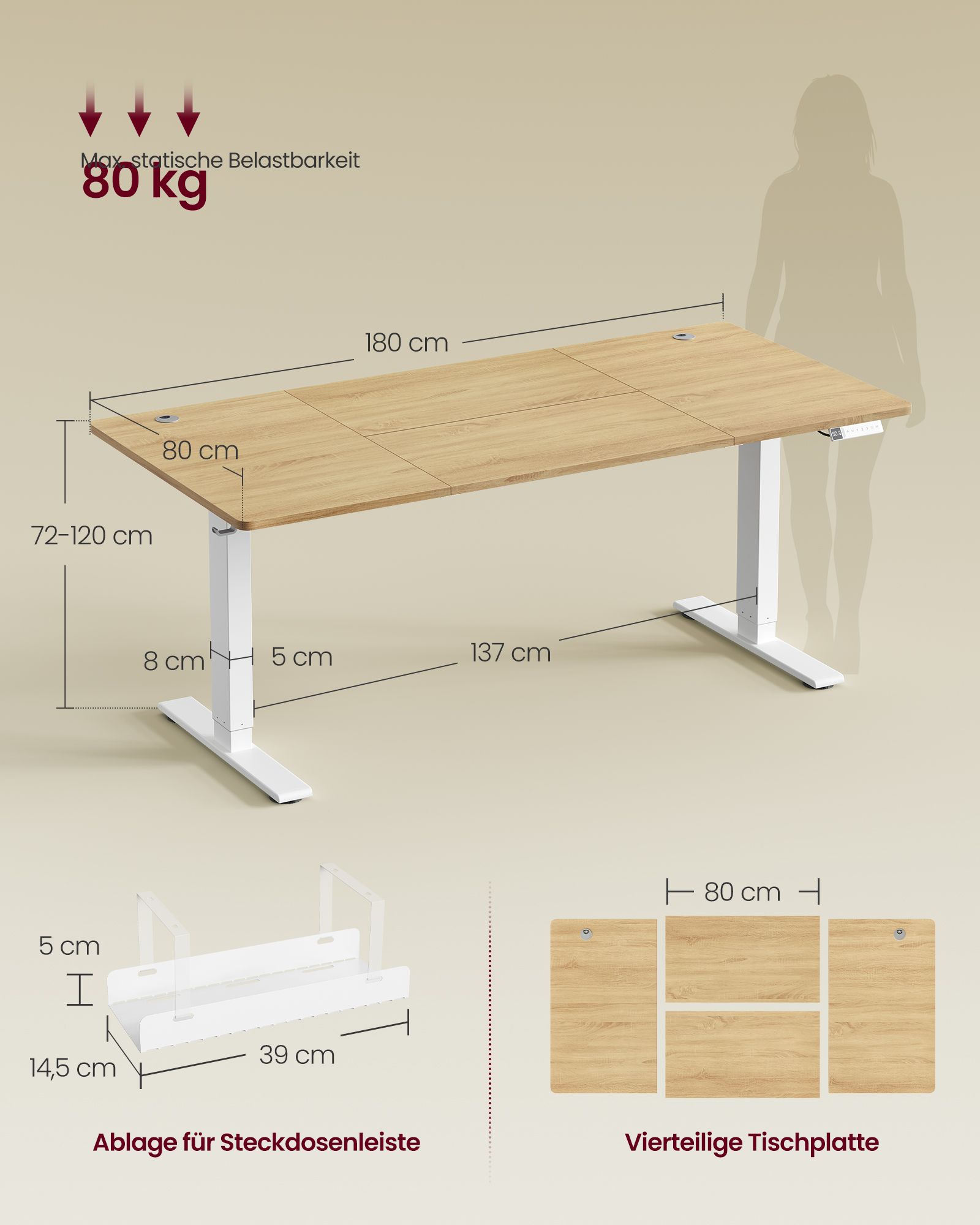 Height-adjustable desk with USB-C port, 180 x 80 cm