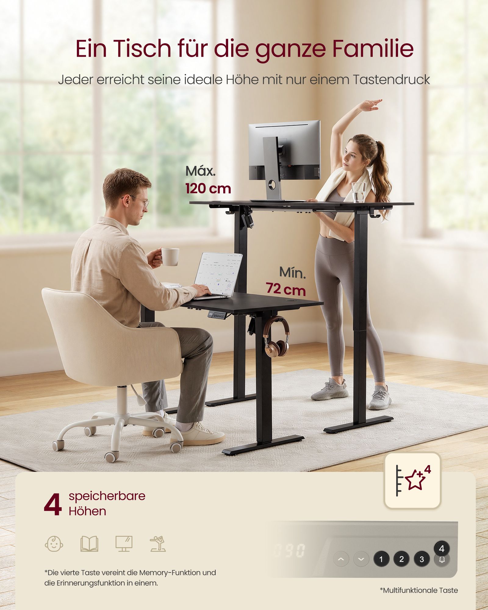 Height-adjustable desk 120 x 60 cm, black