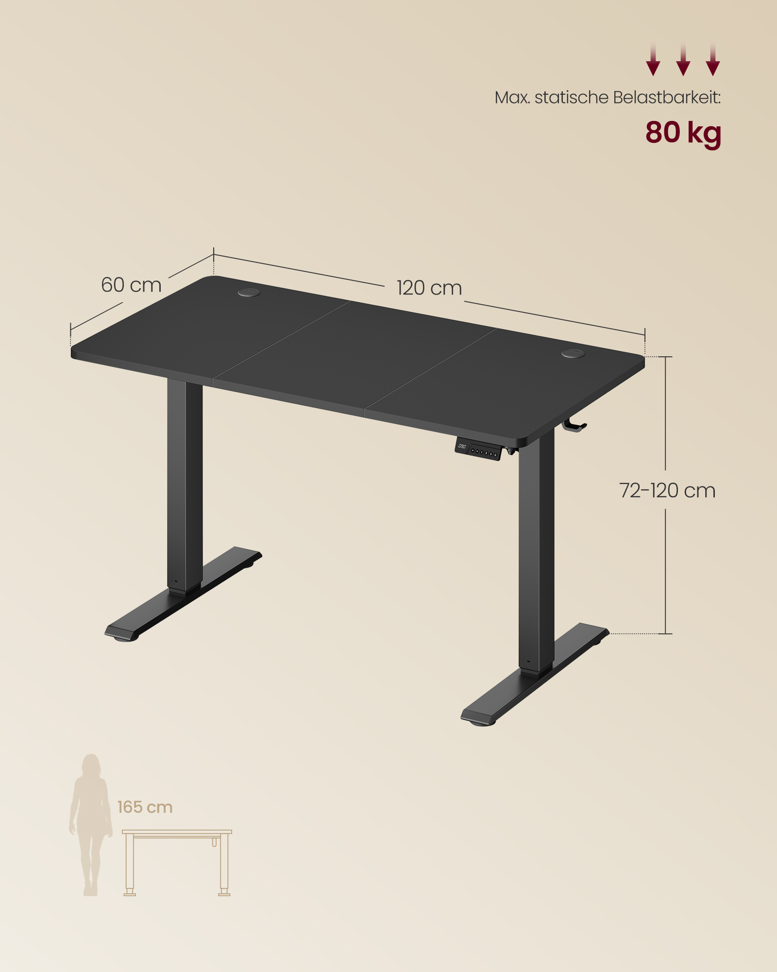 Height-adjustable desk 120 x 60 cm, black