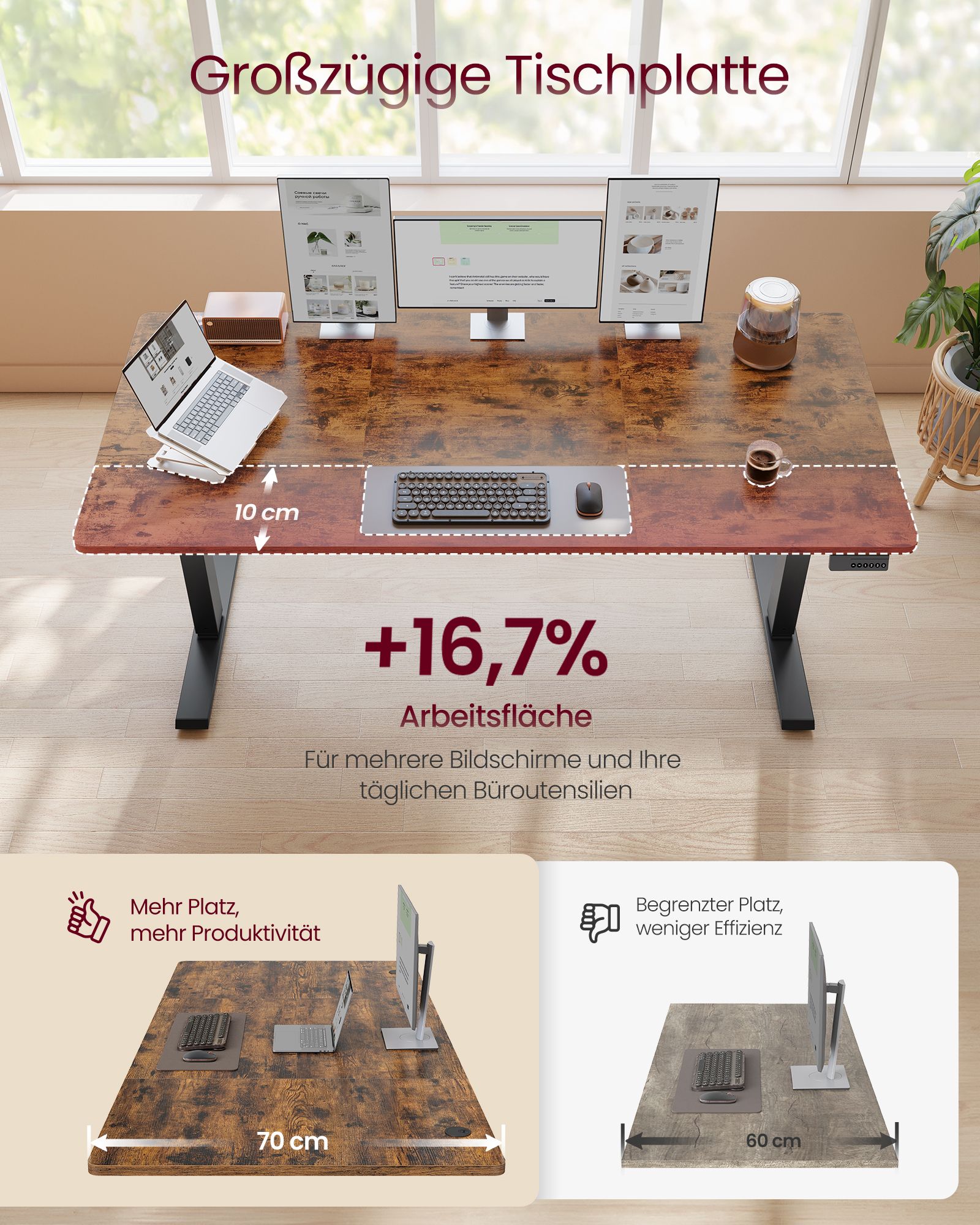 Height-adjustable desk 160 x 70 cm, brown