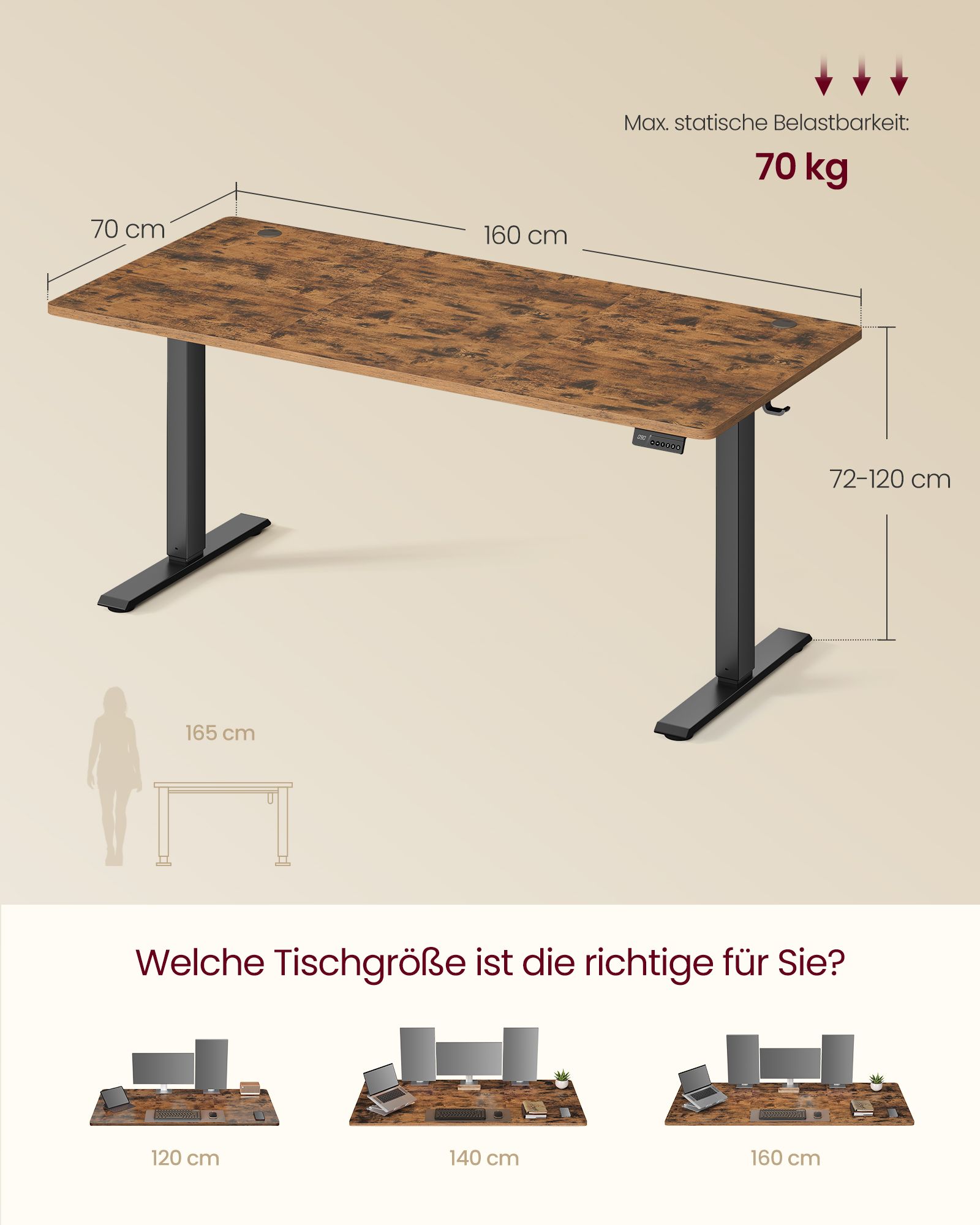 Height-adjustable desk 160 x 70 cm, brown