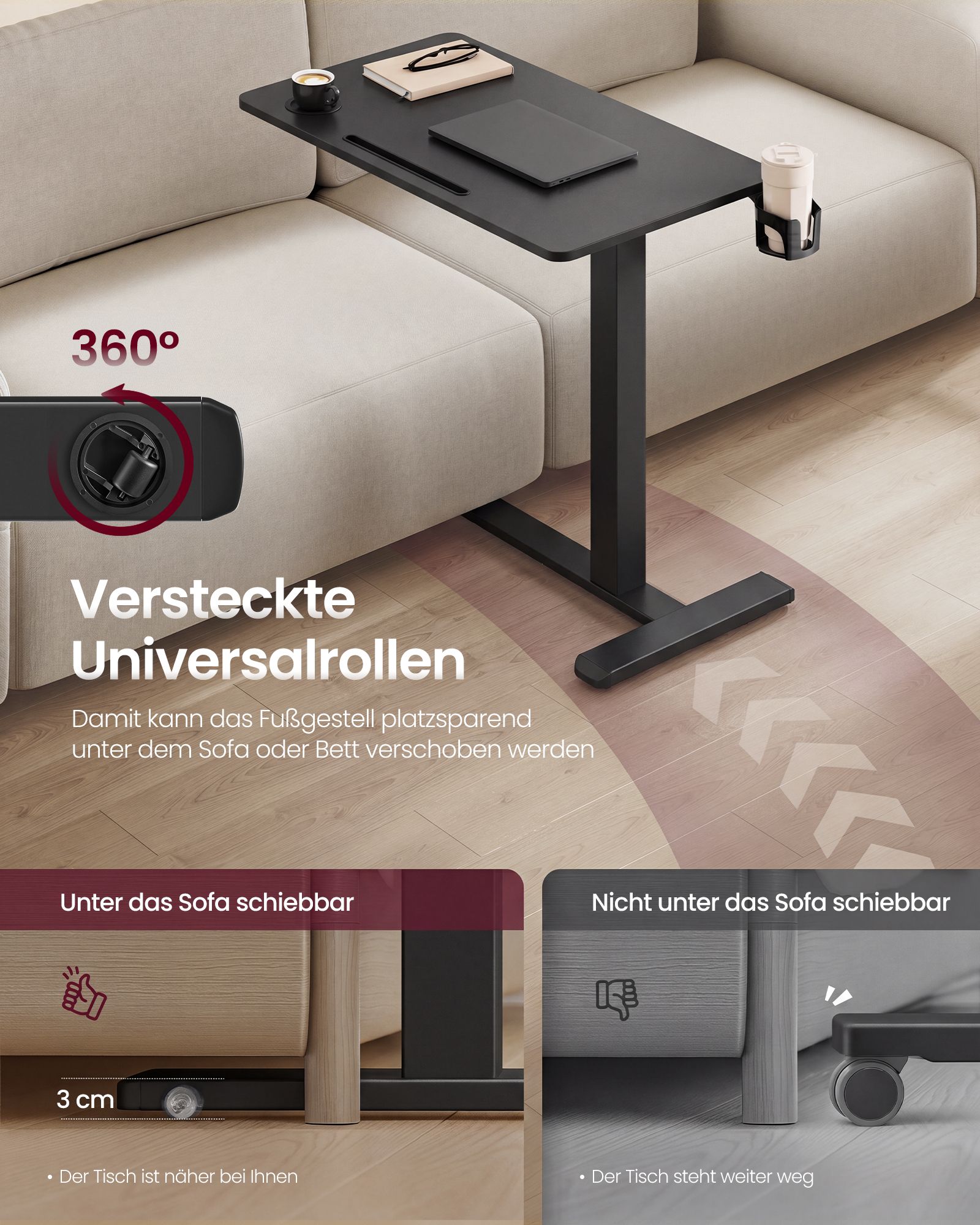 Mobile side table with castors, 80 x 45 cm