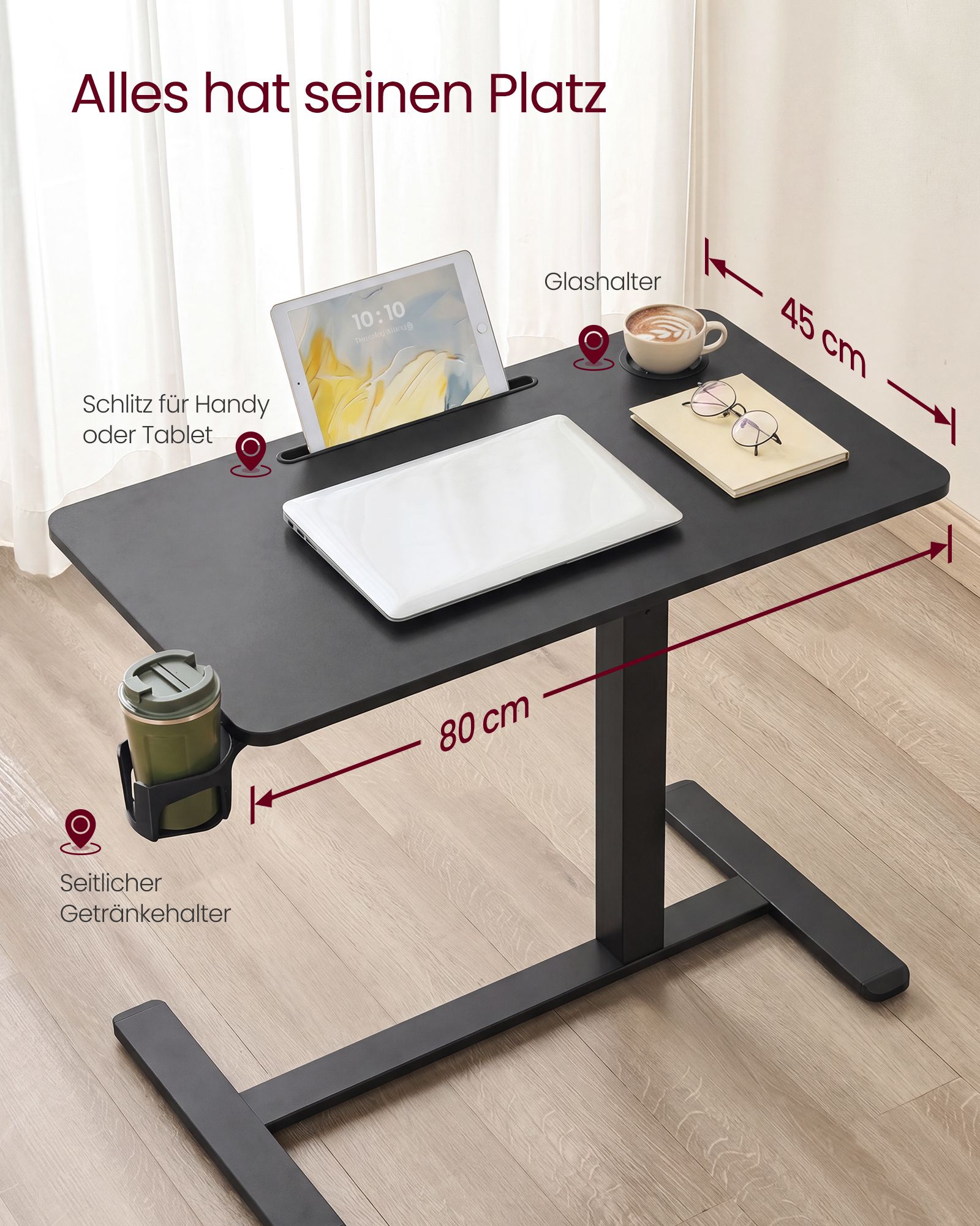 Mobile side table with castors, 80 x 45 cm