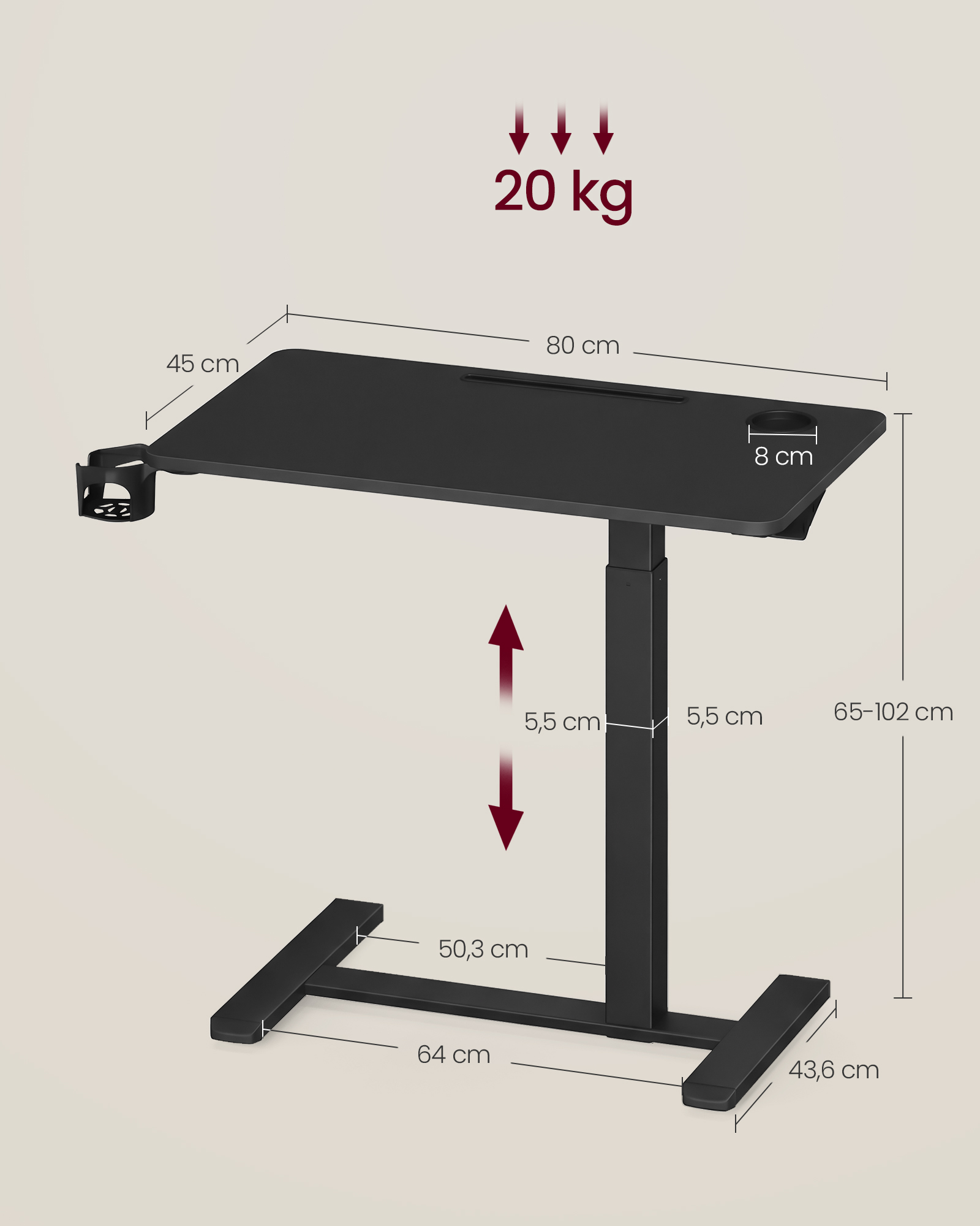 Mobile side table with castors, 80 x 45 cm