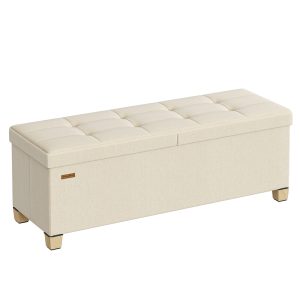 Bench with storage, light beige linen-effect, 110 cm, foldable
