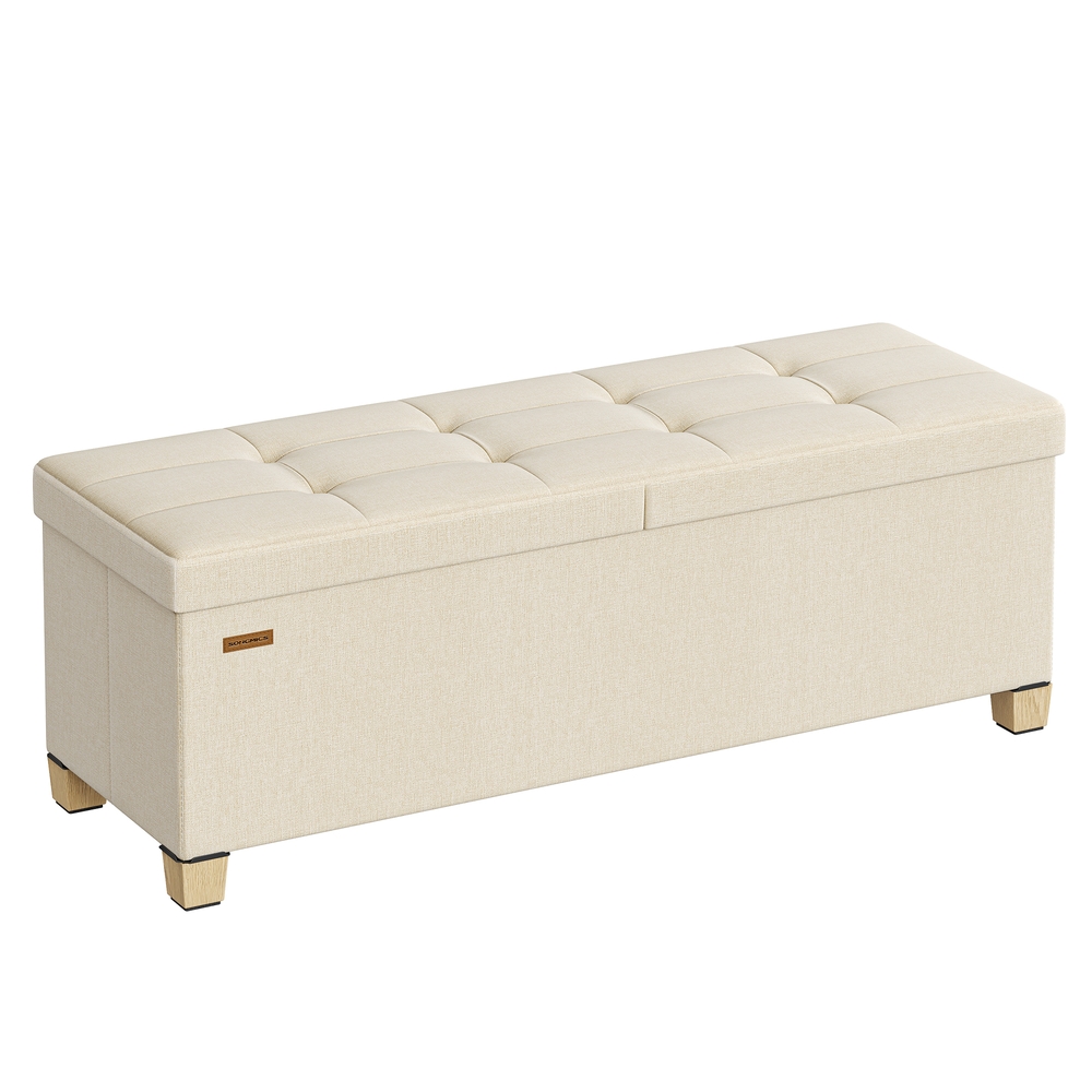 Bench with storage, light beige linen-effect, 110 cm, foldable