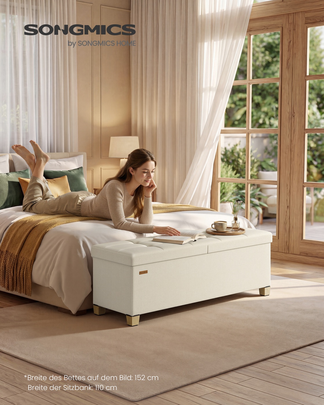 Bench with storage, light beige linen-effect, 110 cm, foldable