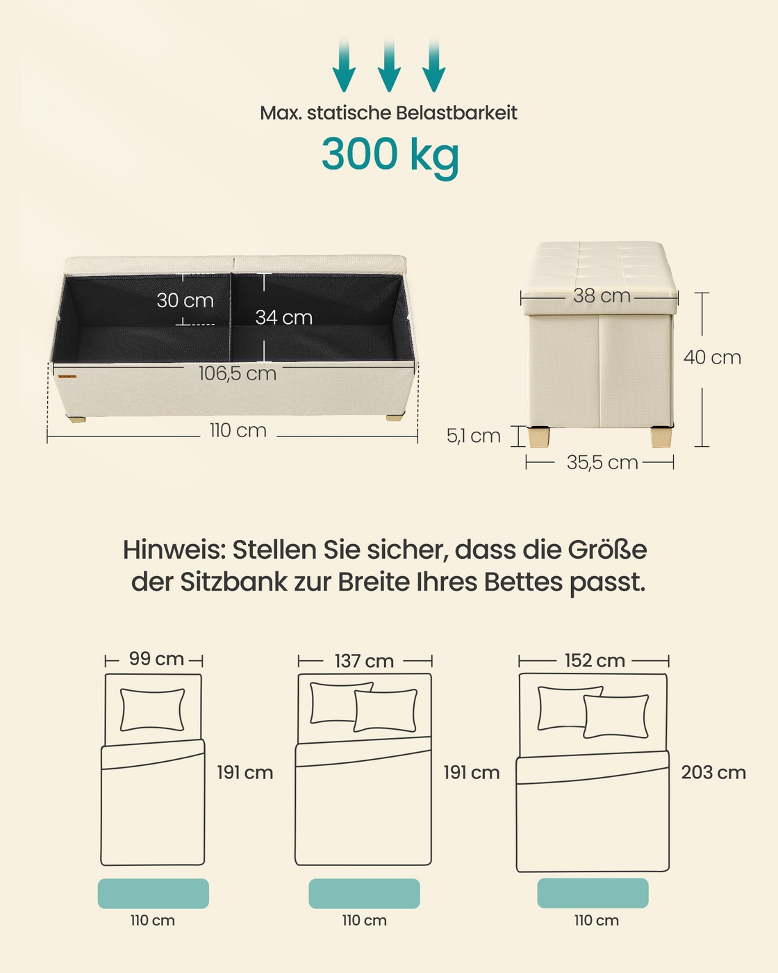 Bench with storage, light beige linen-effect, 110 cm, foldable