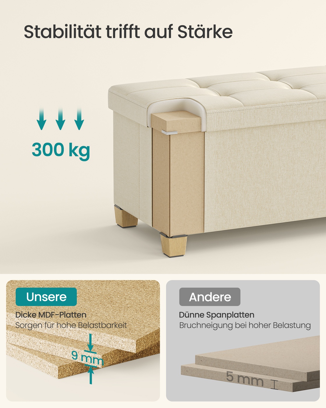 Bench with storage, light beige linen-effect, 110 cm, foldable