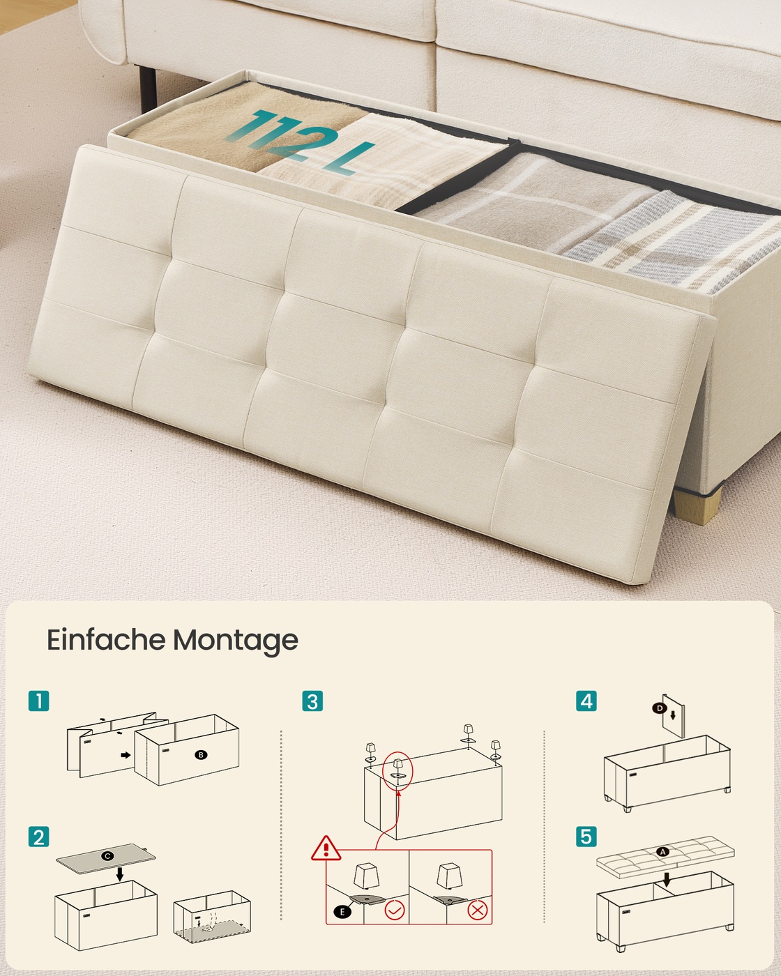 Bench with storage, light beige linen-effect, 110 cm, foldable