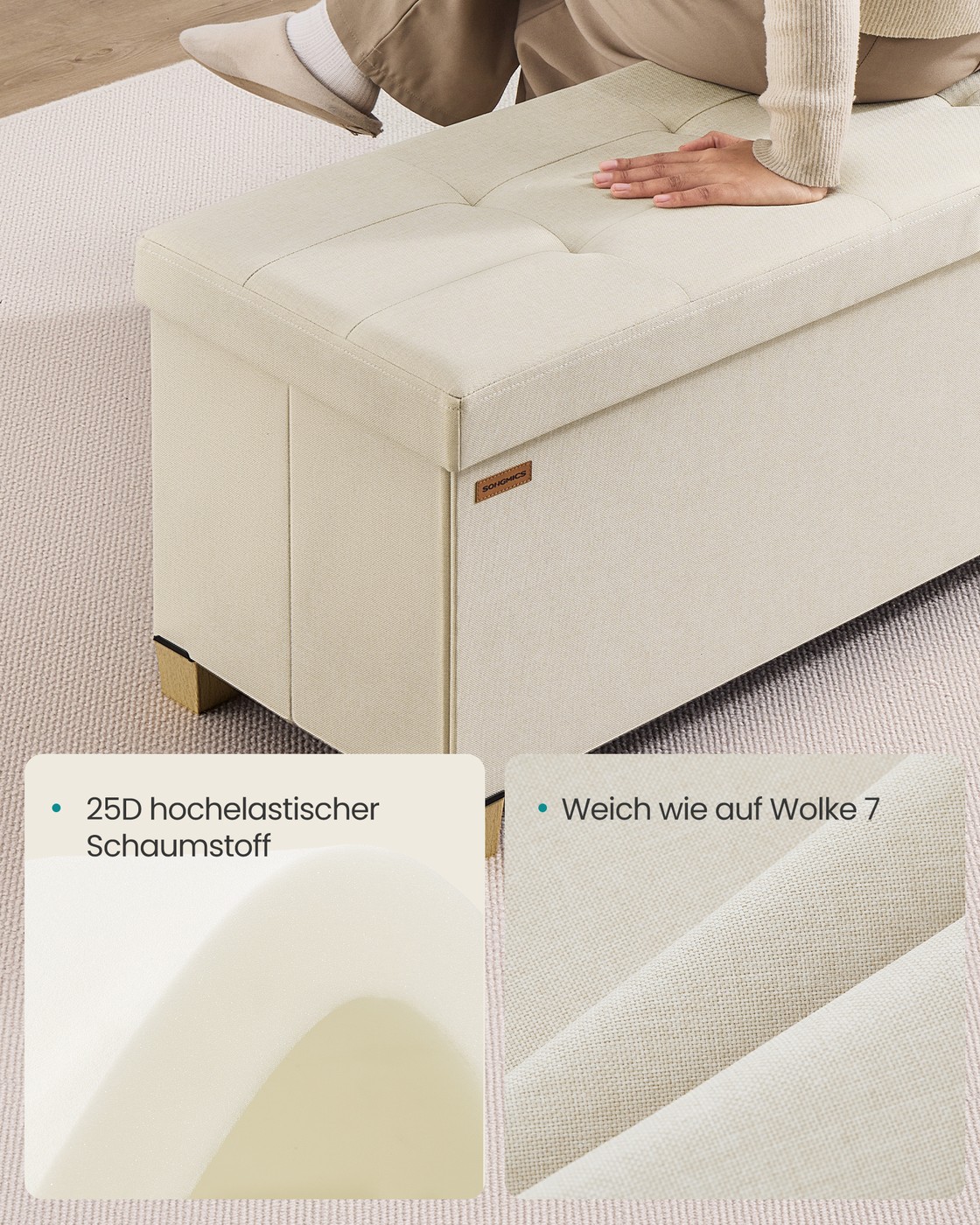 Bench with storage, light beige linen-effect, 110 cm, foldable
