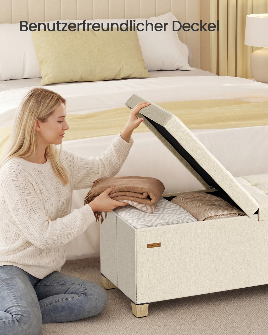 Bench with storage, light beige linen-effect, 110 cm, foldable