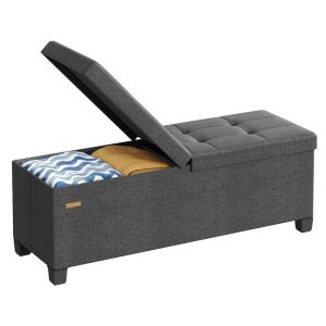 Bench with storage, foldable storage chest with hinged lid, bedroom/living room, linen-effect