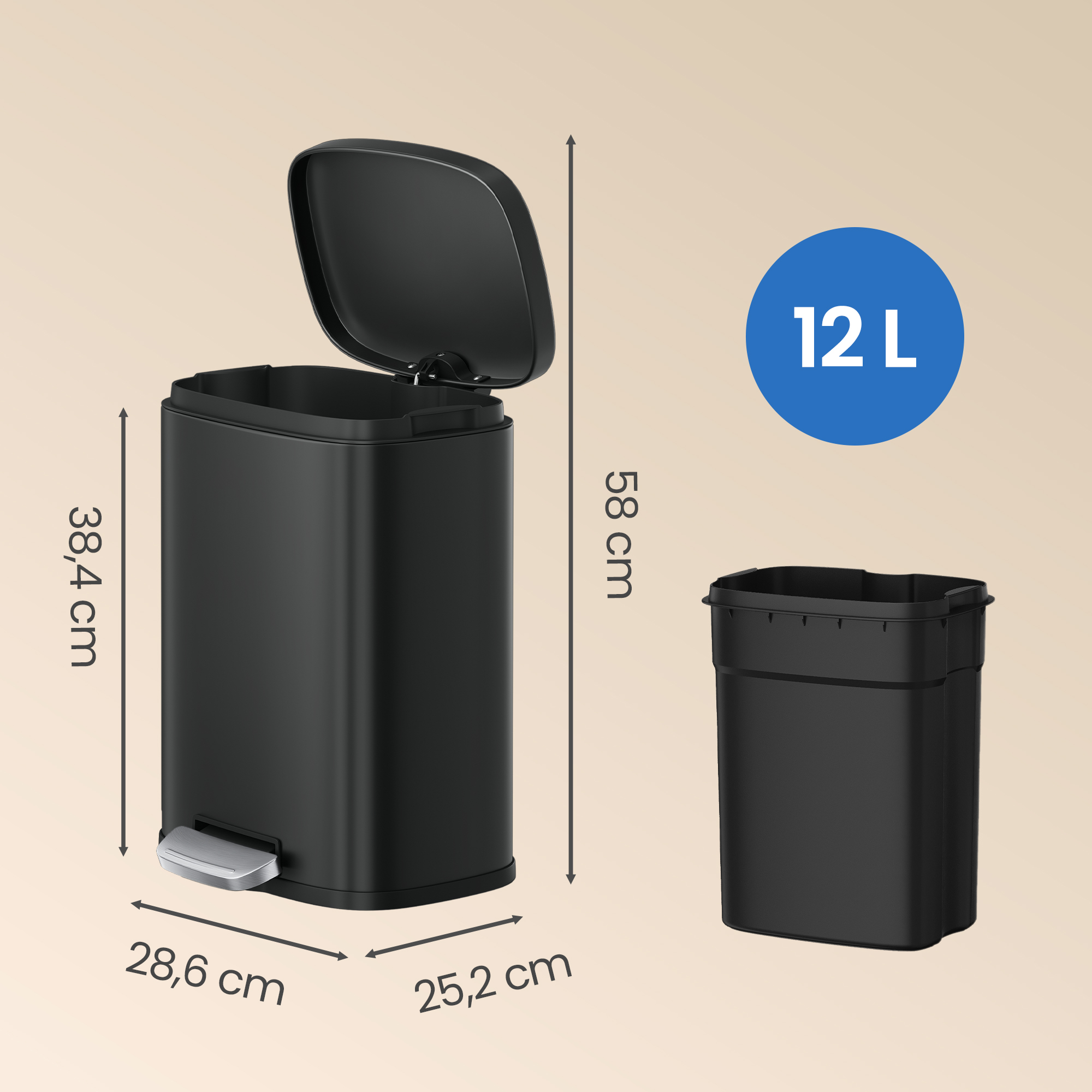 Steel pedal bin with soft-close inner bin and lid, black