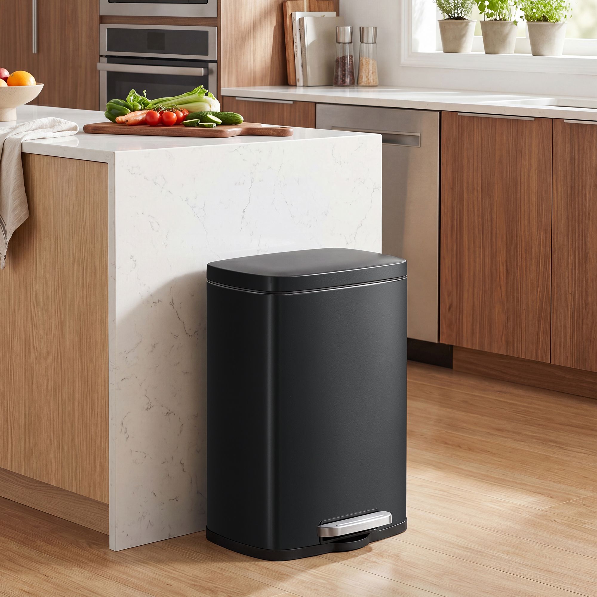 Steel pedal bin with soft-close inner bin and lid, black