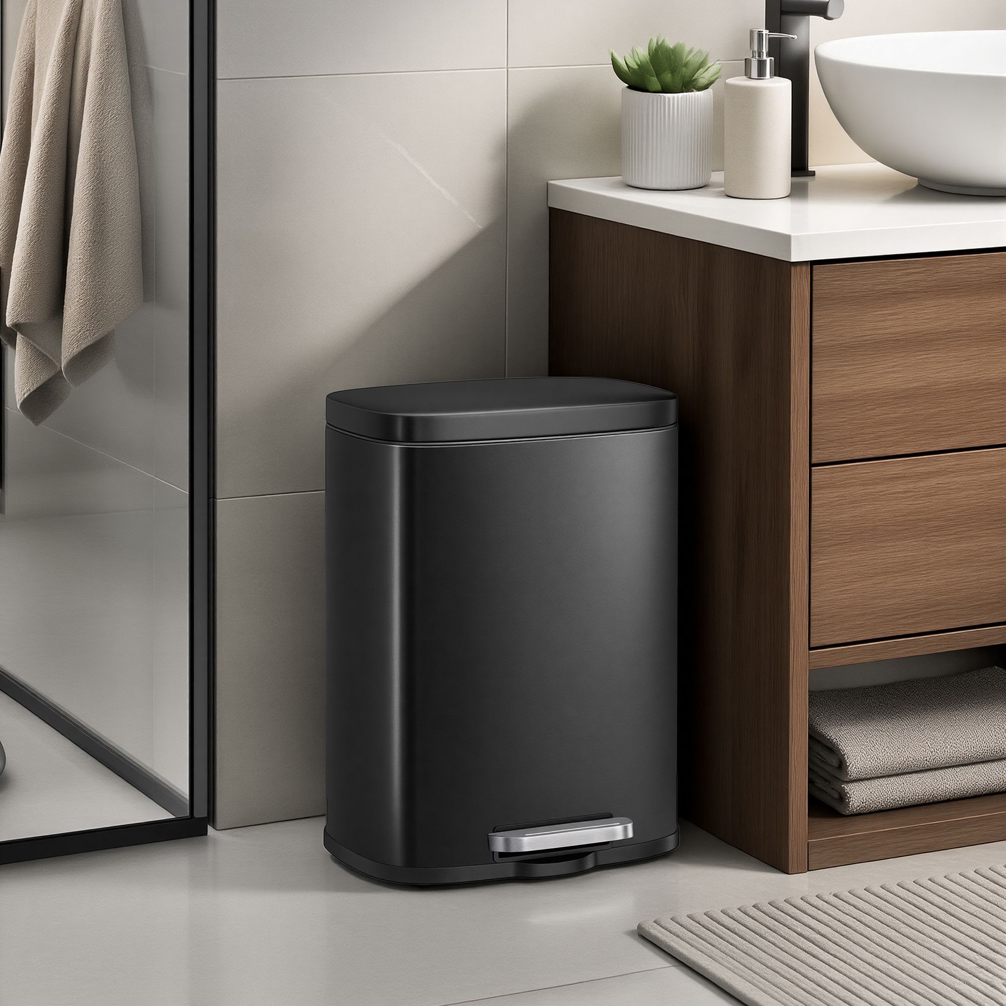 Steel pedal bin with soft-close inner bin and lid, black